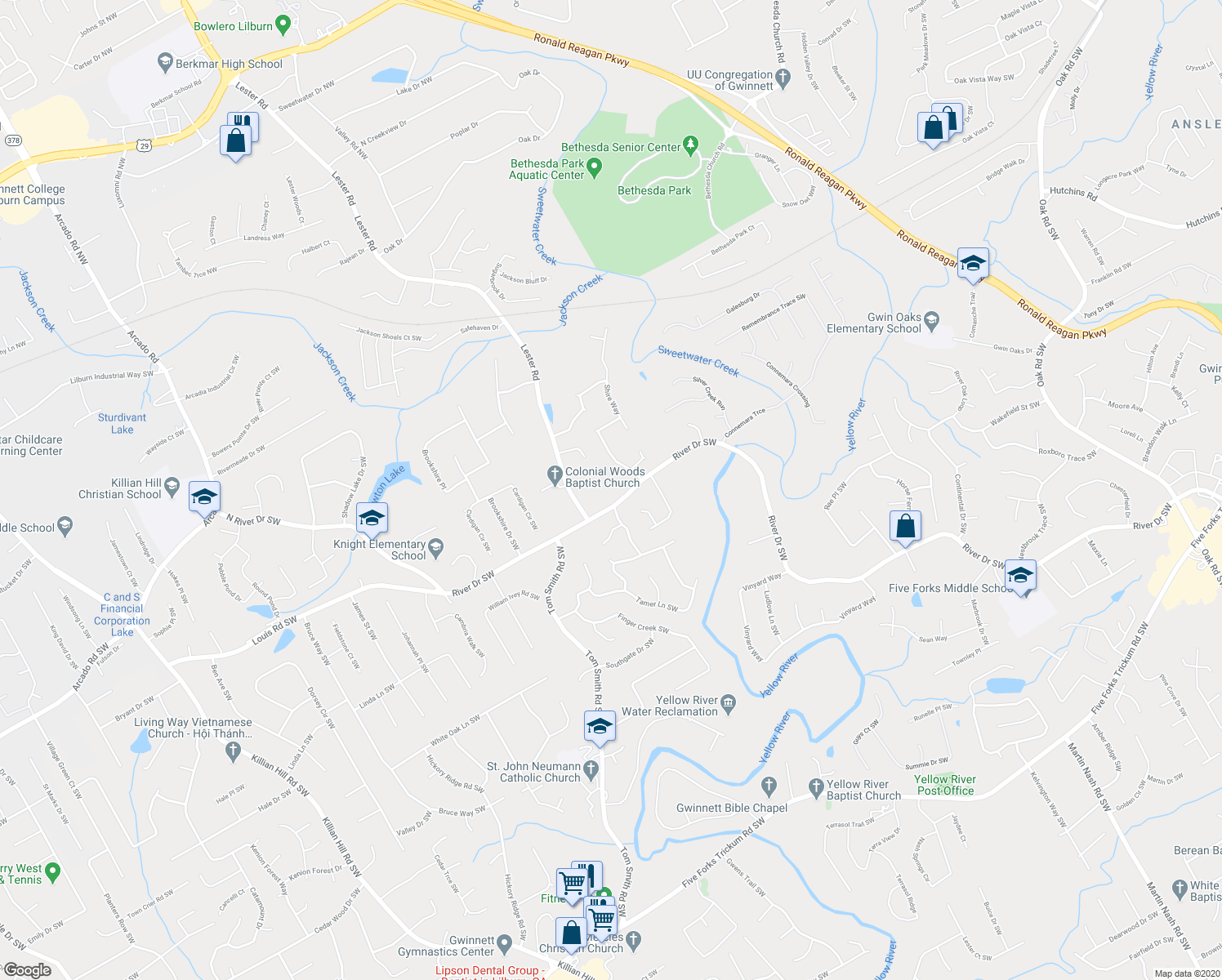 map of restaurants, bars, coffee shops, grocery stores, and more near 3709 River Drive Southwest in Lawrenceville