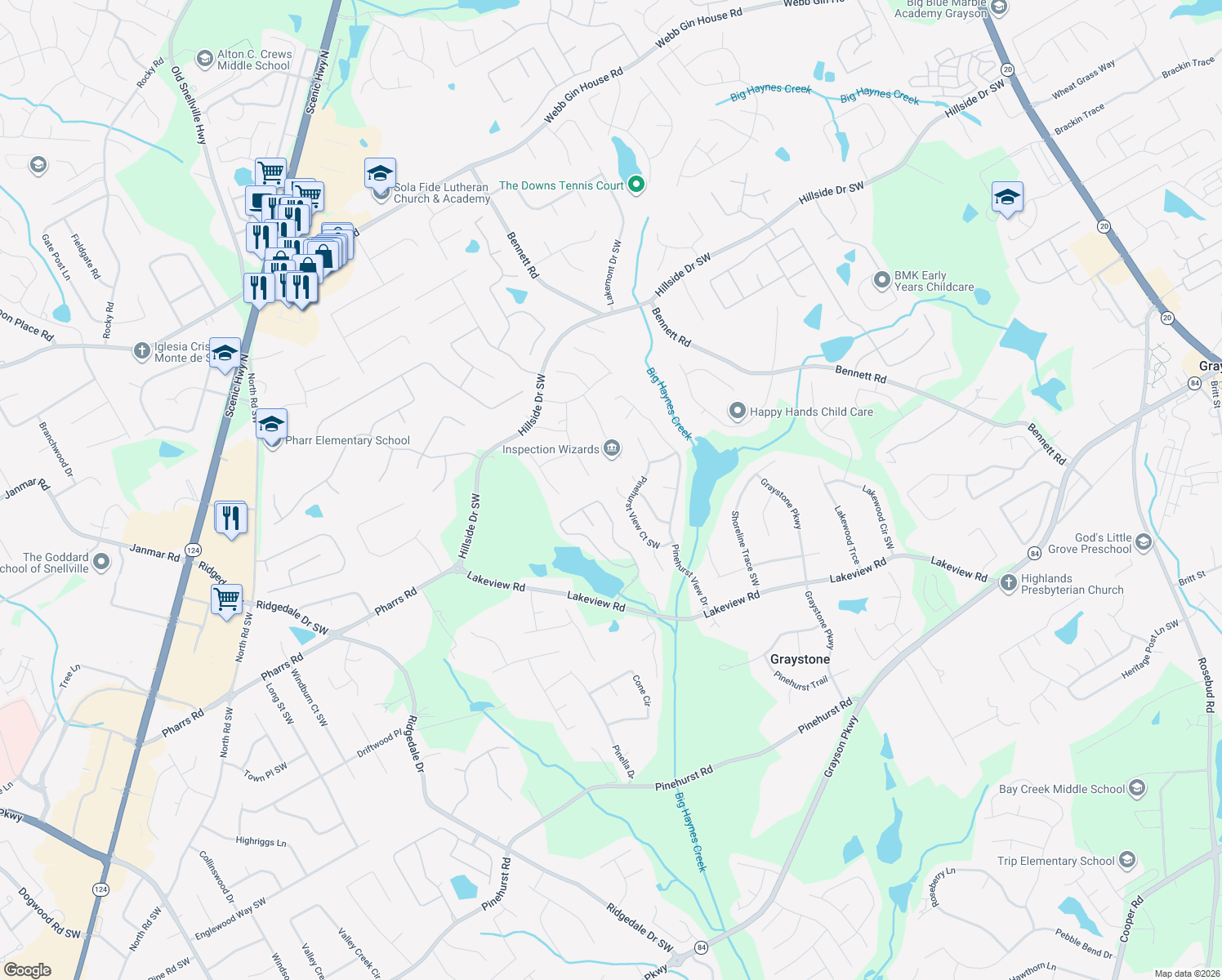 map of restaurants, bars, coffee shops, grocery stores, and more near 1155 Pine Lake Dr in Grayson