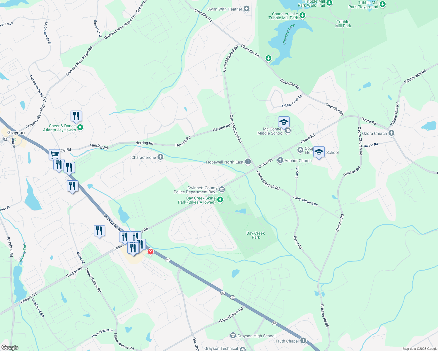 map of restaurants, bars, coffee shops, grocery stores, and more near 2582 Corey Park Drive in Loganville