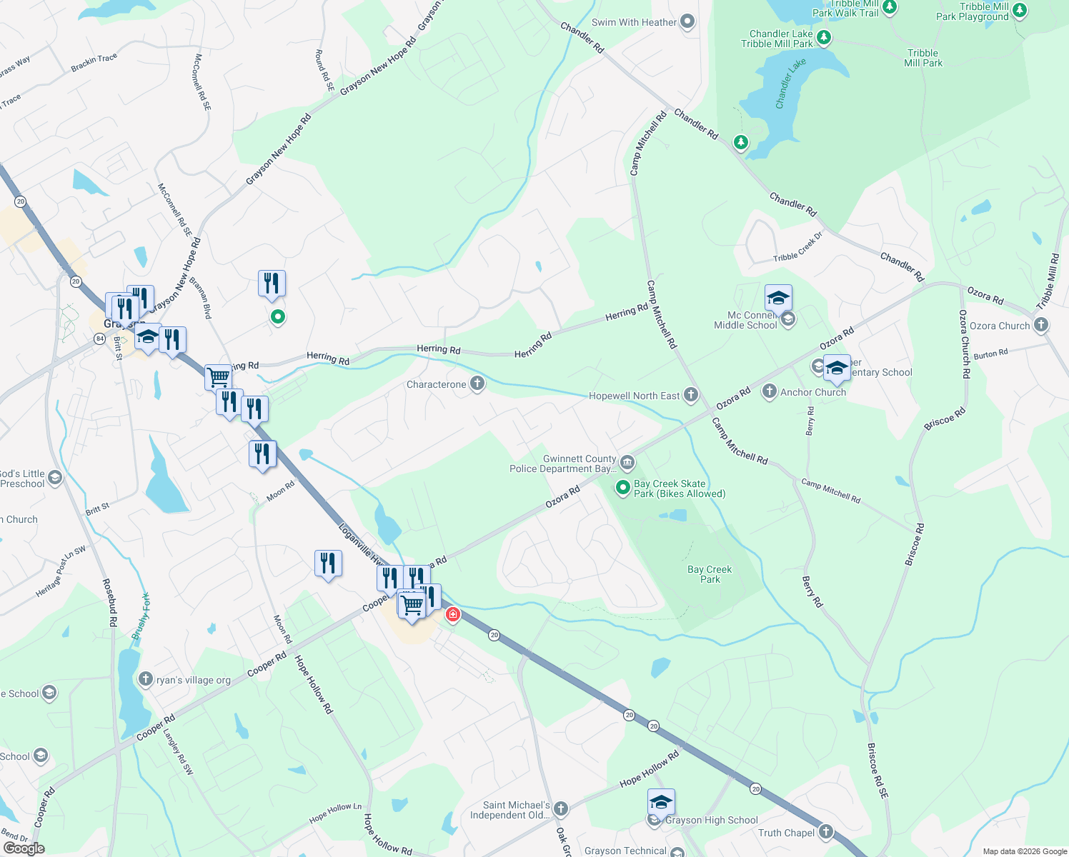 map of restaurants, bars, coffee shops, grocery stores, and more near 2447 Misty Rose Lane in Loganville