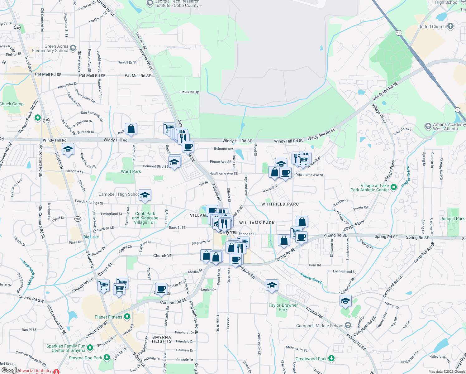 map of restaurants, bars, coffee shops, grocery stores, and more near 2623 Devin Ct SE in Smyrna