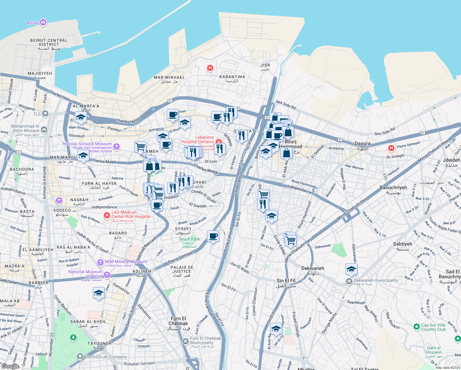 map of restaurants, bars, coffee shops, grocery stores, and more near Corniche El Nahr in Bayrut