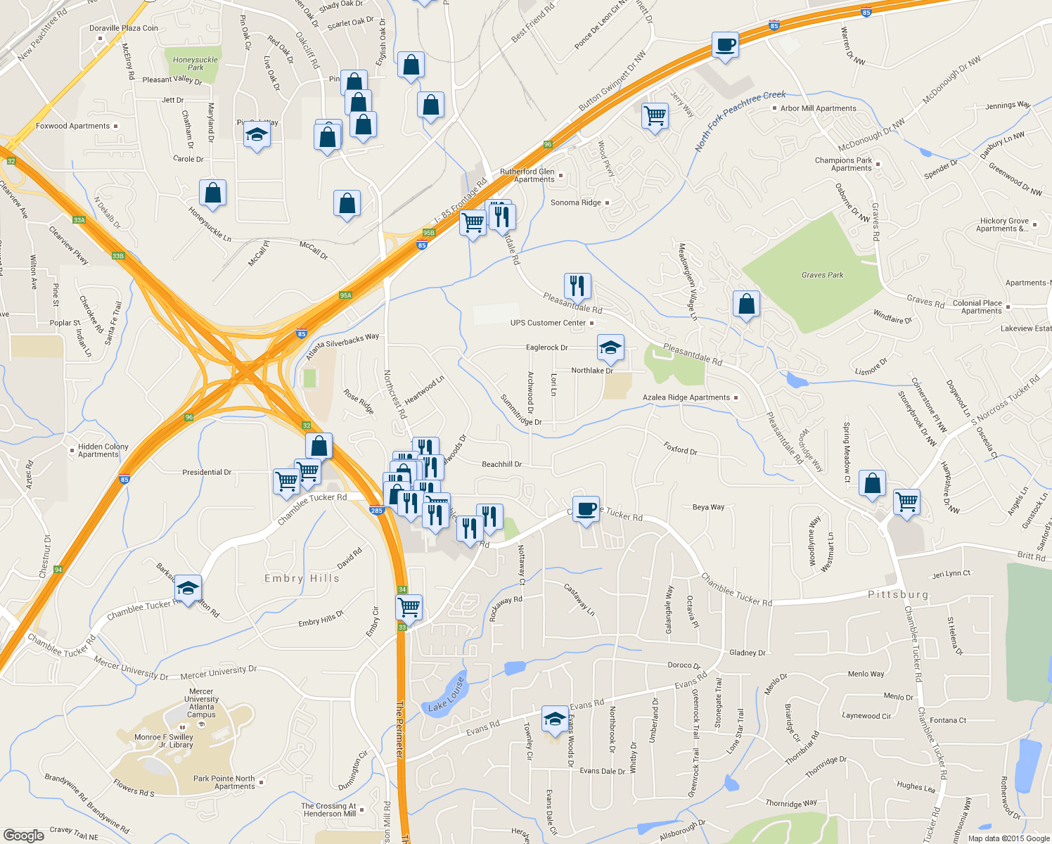 map of restaurants, bars, coffee shops, grocery stores, and more near 3624 Summitridge Dr in Atlanta