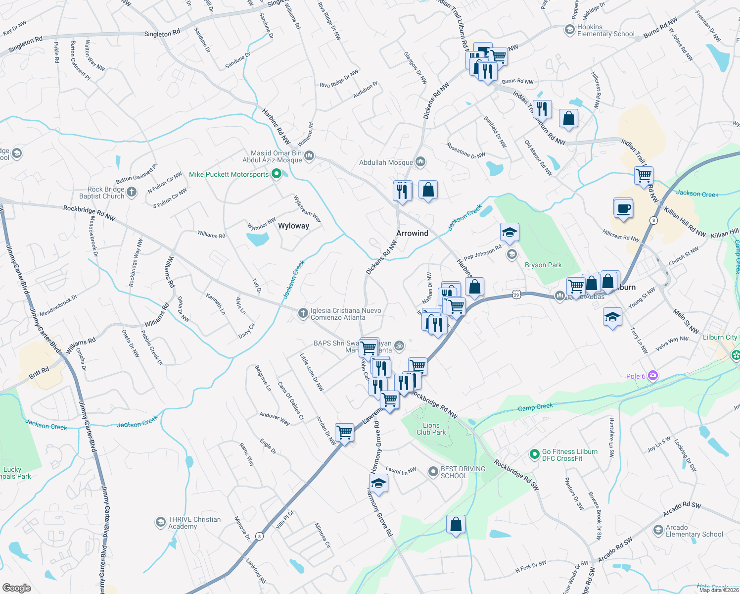 map of restaurants, bars, coffee shops, grocery stores, and more near 5480 Chuzzlewit Ct NW in Lilburn