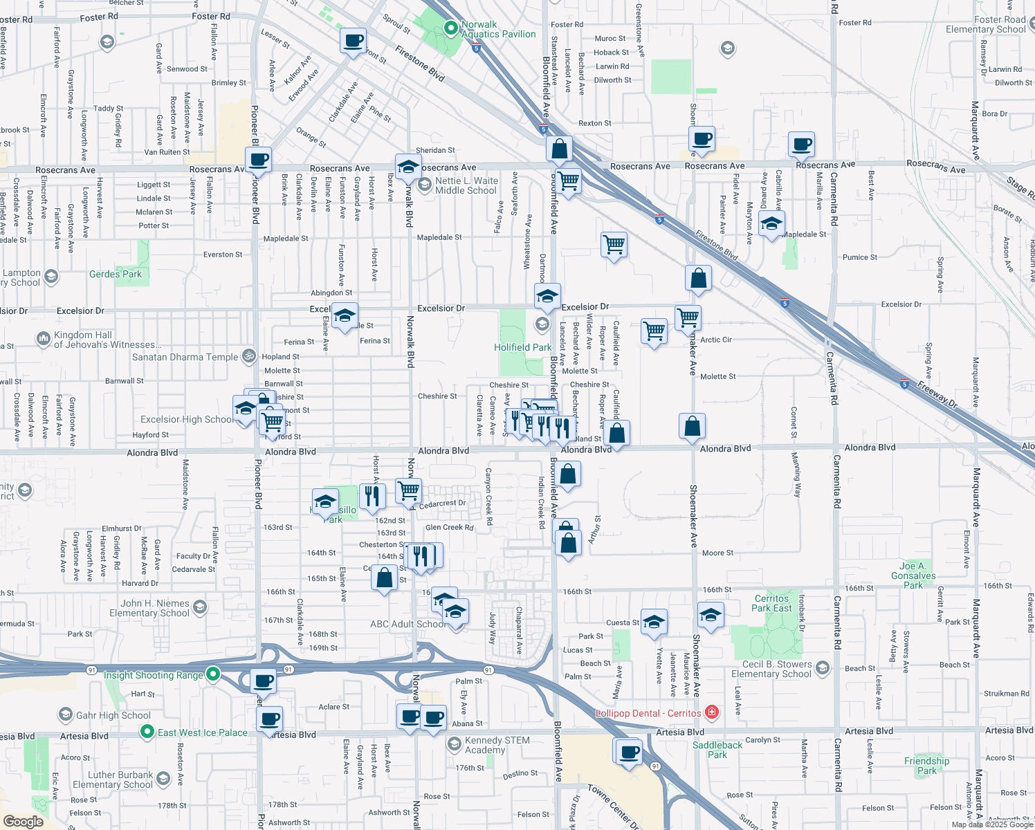 map of restaurants, bars, coffee shops, grocery stores, and more near 15619 Wheatstone Avenue in Norwalk