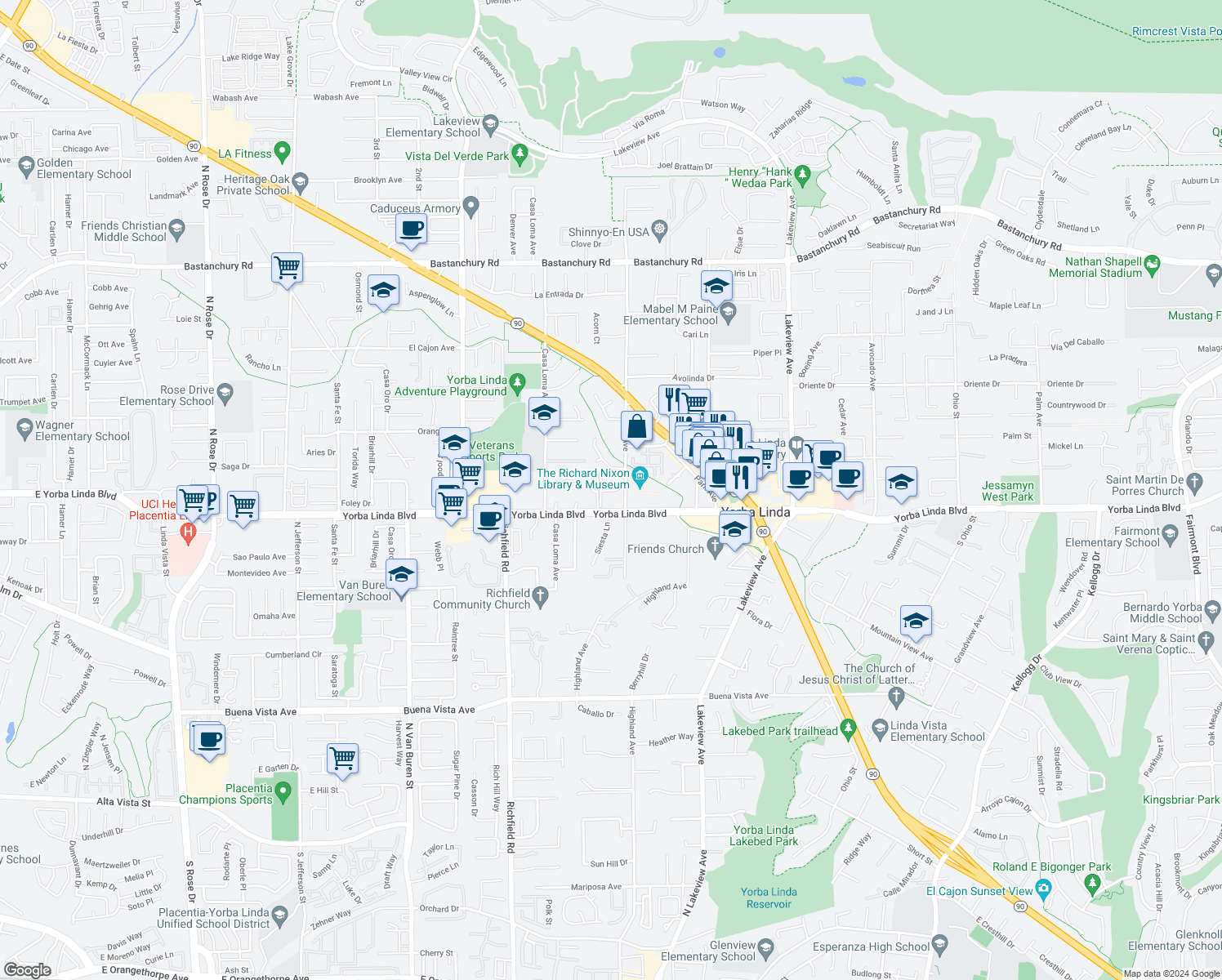 map of restaurants, bars, coffee shops, grocery stores, and more near 17952 Ranch Drive in Yorba Linda