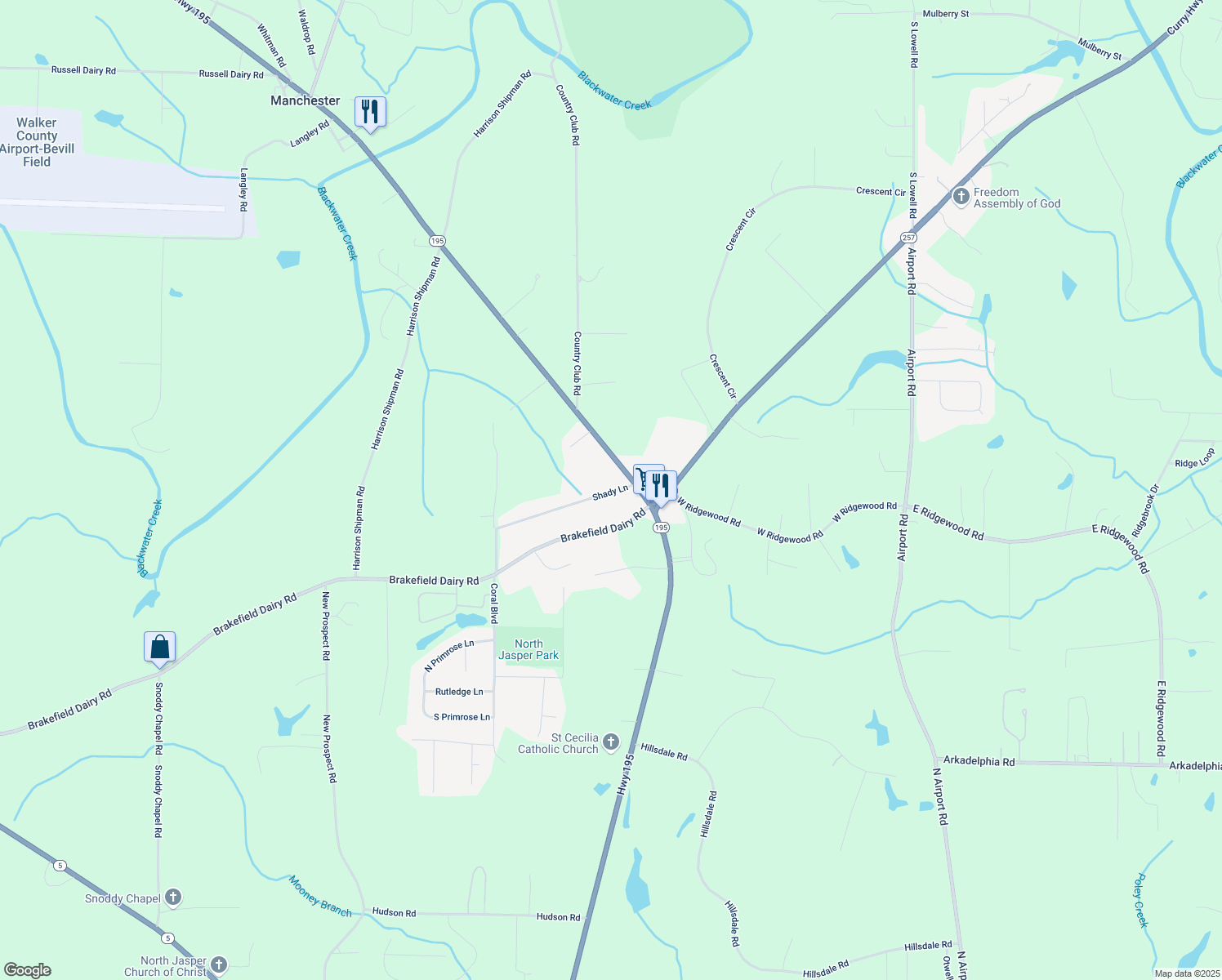 map of restaurants, bars, coffee shops, grocery stores, and more near 906 Shady Ln in Jasper
