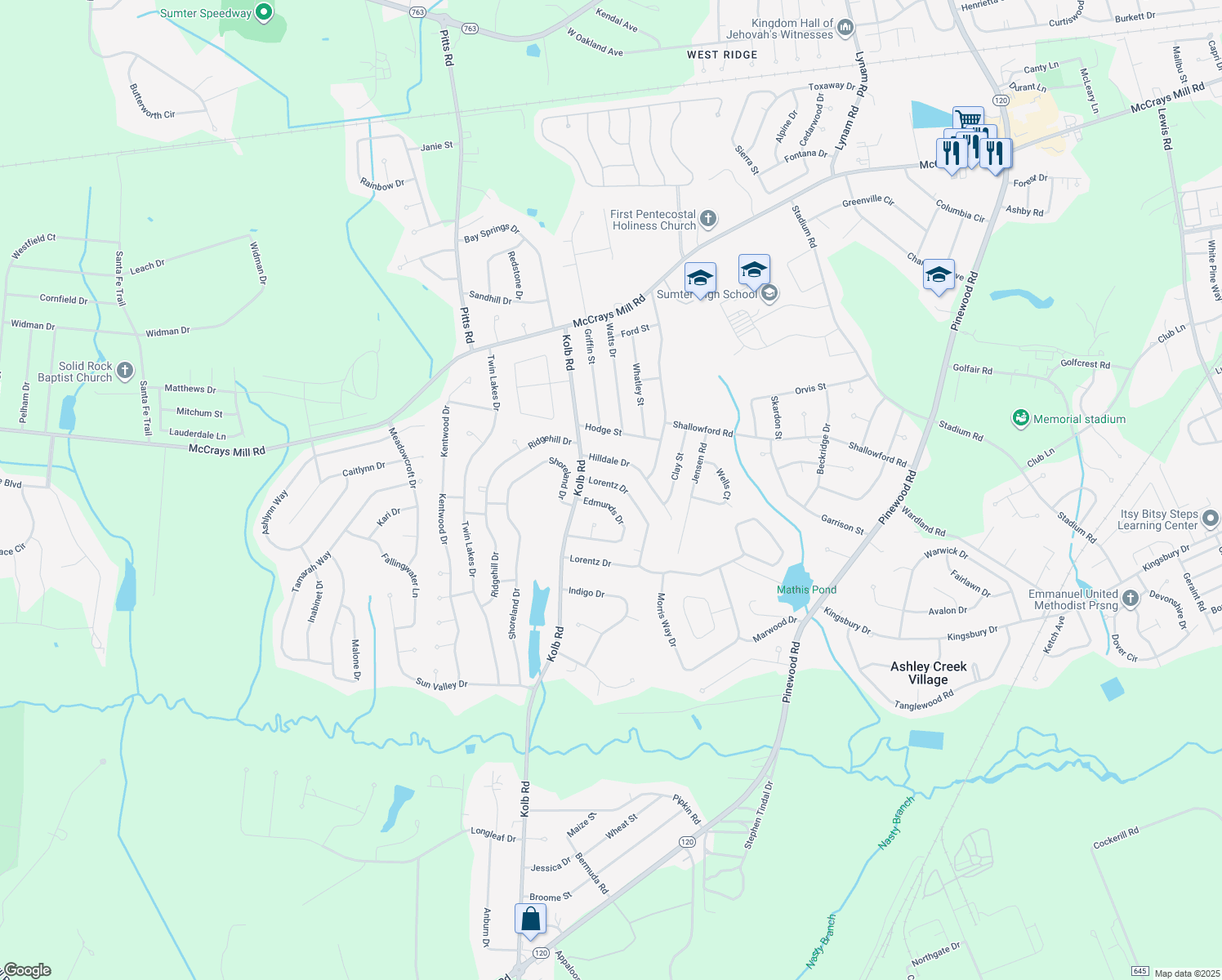 map of restaurants, bars, coffee shops, grocery stores, and more near 2640 Lorentz Drive in Sumter