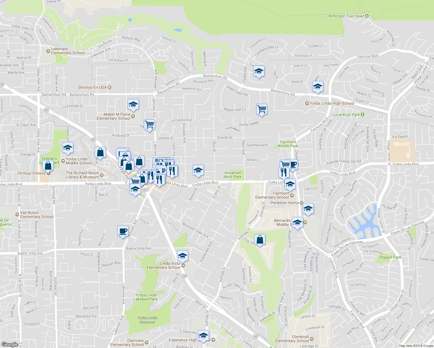 map of restaurants, bars, coffee shops, grocery stores, and more near 4912 Ohio Street in Yorba Linda