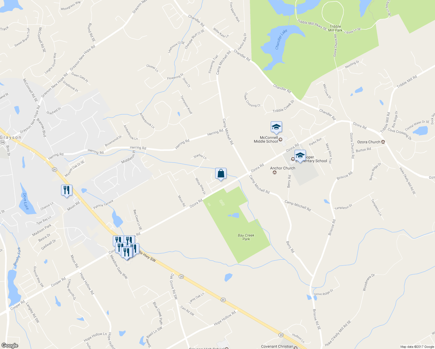 map of restaurants, bars, coffee shops, grocery stores, and more near 288 Lily Cove Drive in Loganville