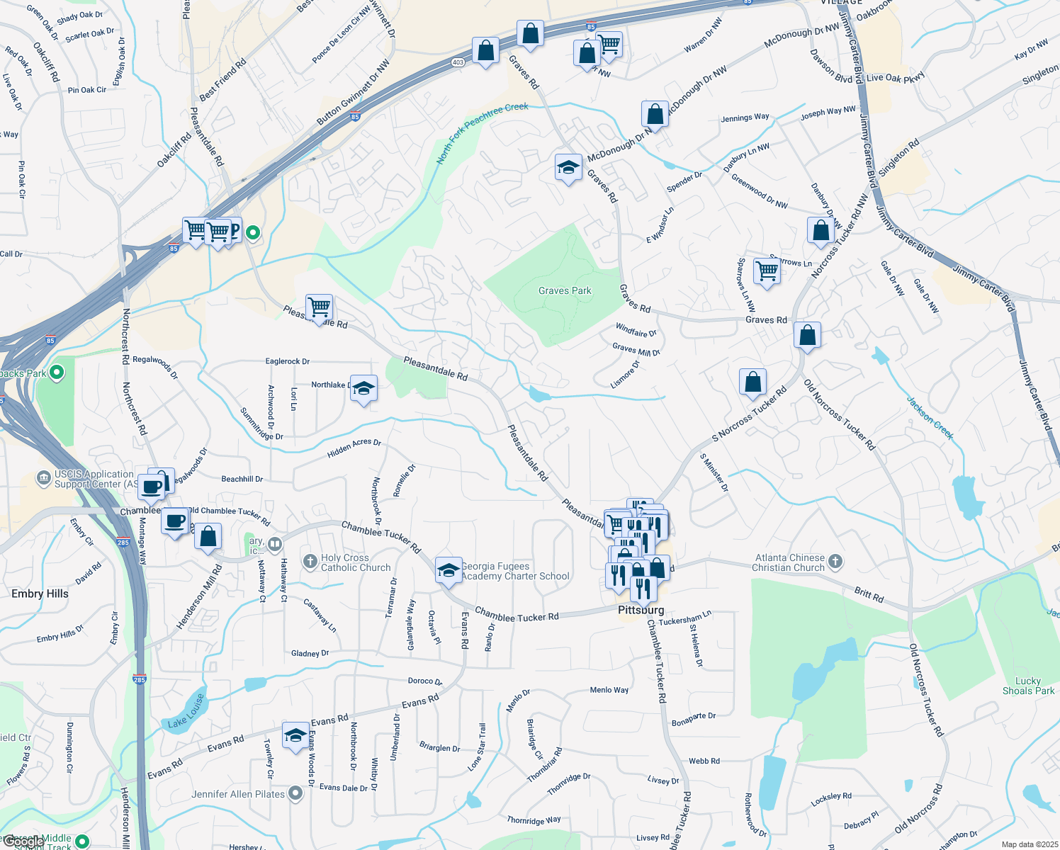 map of restaurants, bars, coffee shops, grocery stores, and more near 3398 Misty Harbor Trail in Atlanta
