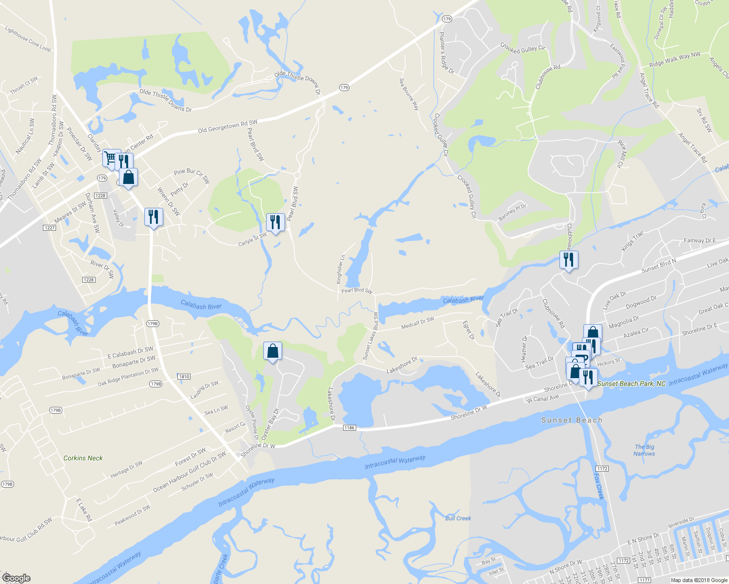 map of restaurants, bars, coffee shops, grocery stores, and more near 1568 Pearl Boulevard Southwest in Sunset Beach