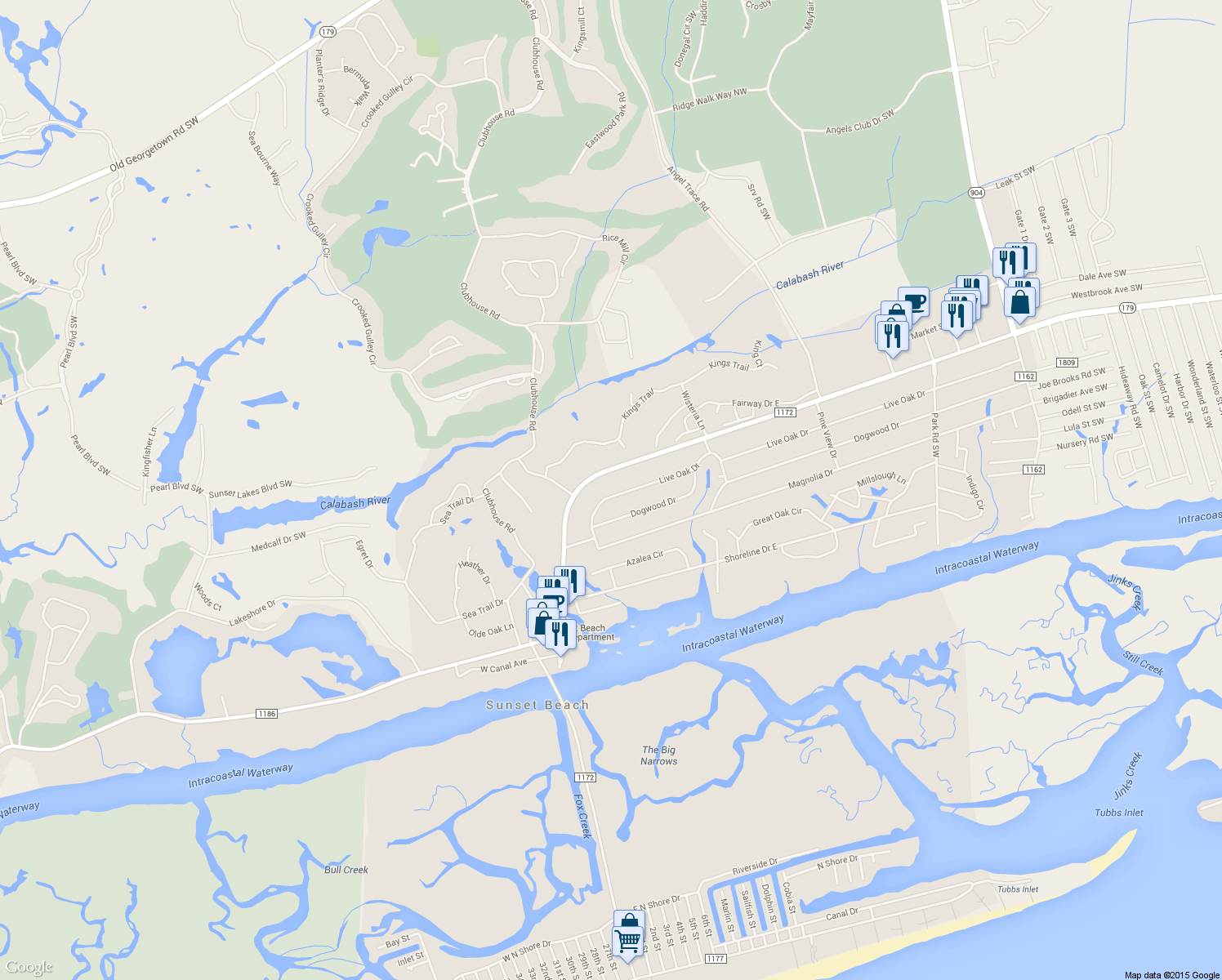 map of restaurants, bars, coffee shops, grocery stores, and more near 211 Live Oak Drive in Sunset Beach