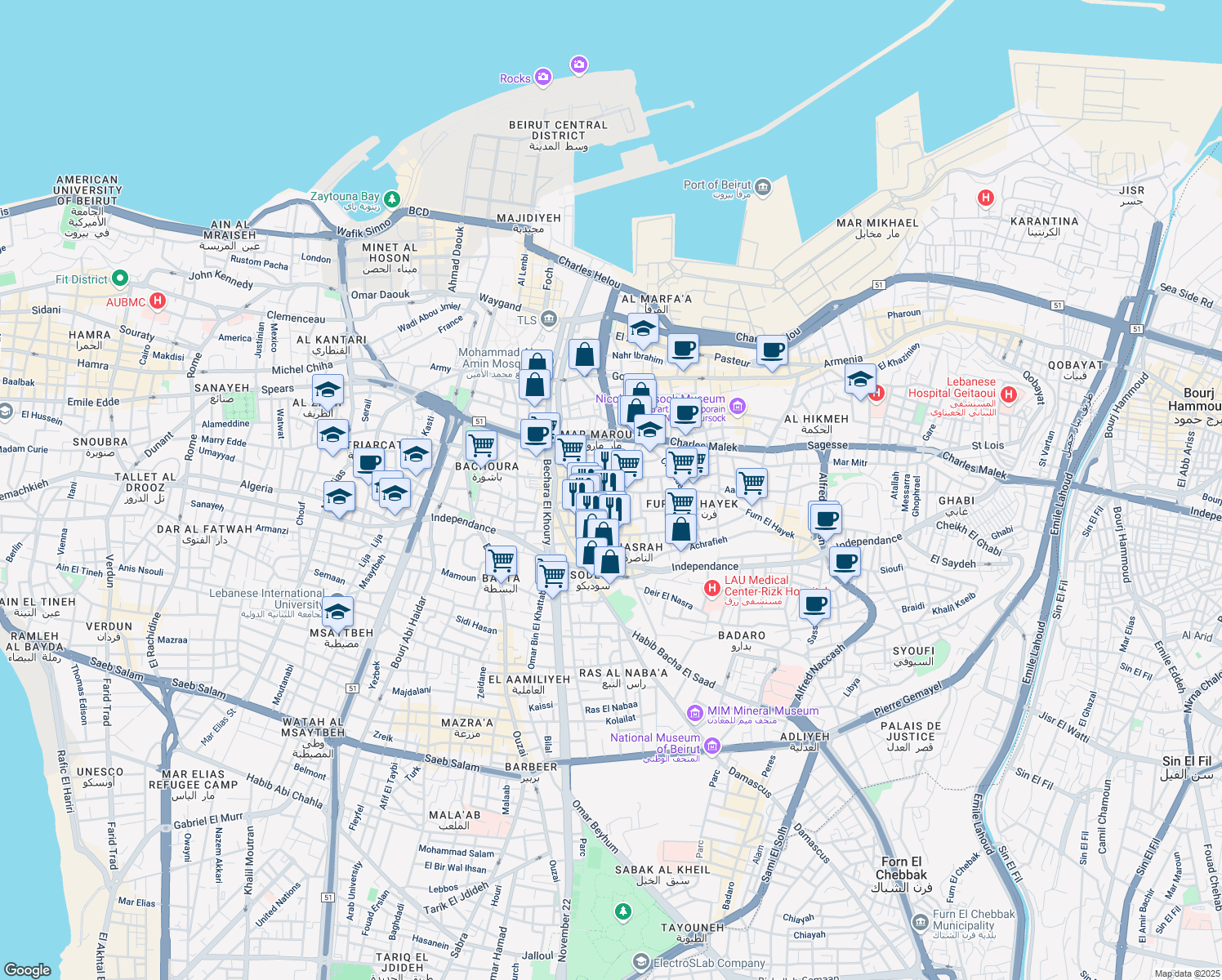 map of restaurants, bars, coffee shops, grocery stores, and more near Petro Trad in Beirut