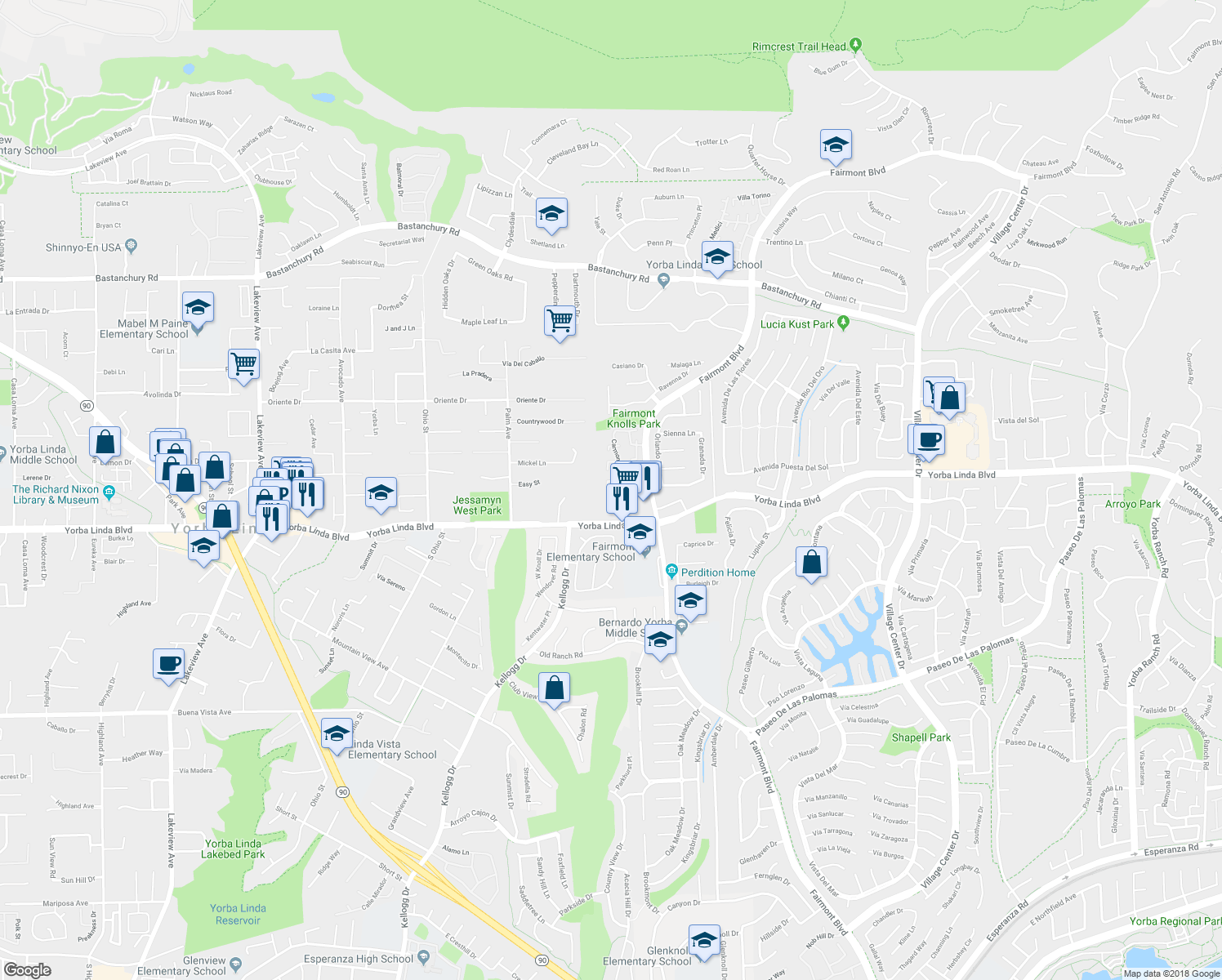 map of restaurants, bars, coffee shops, grocery stores, and more near 4846 Aliano Plaza in Yorba Linda
