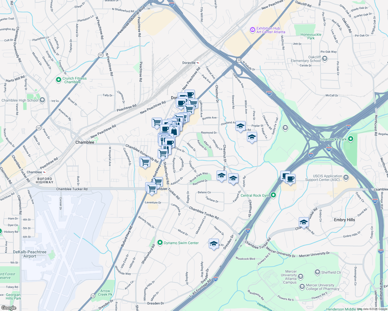 map of restaurants, bars, coffee shops, grocery stores, and more near 2640 McClave Dr in Doraville