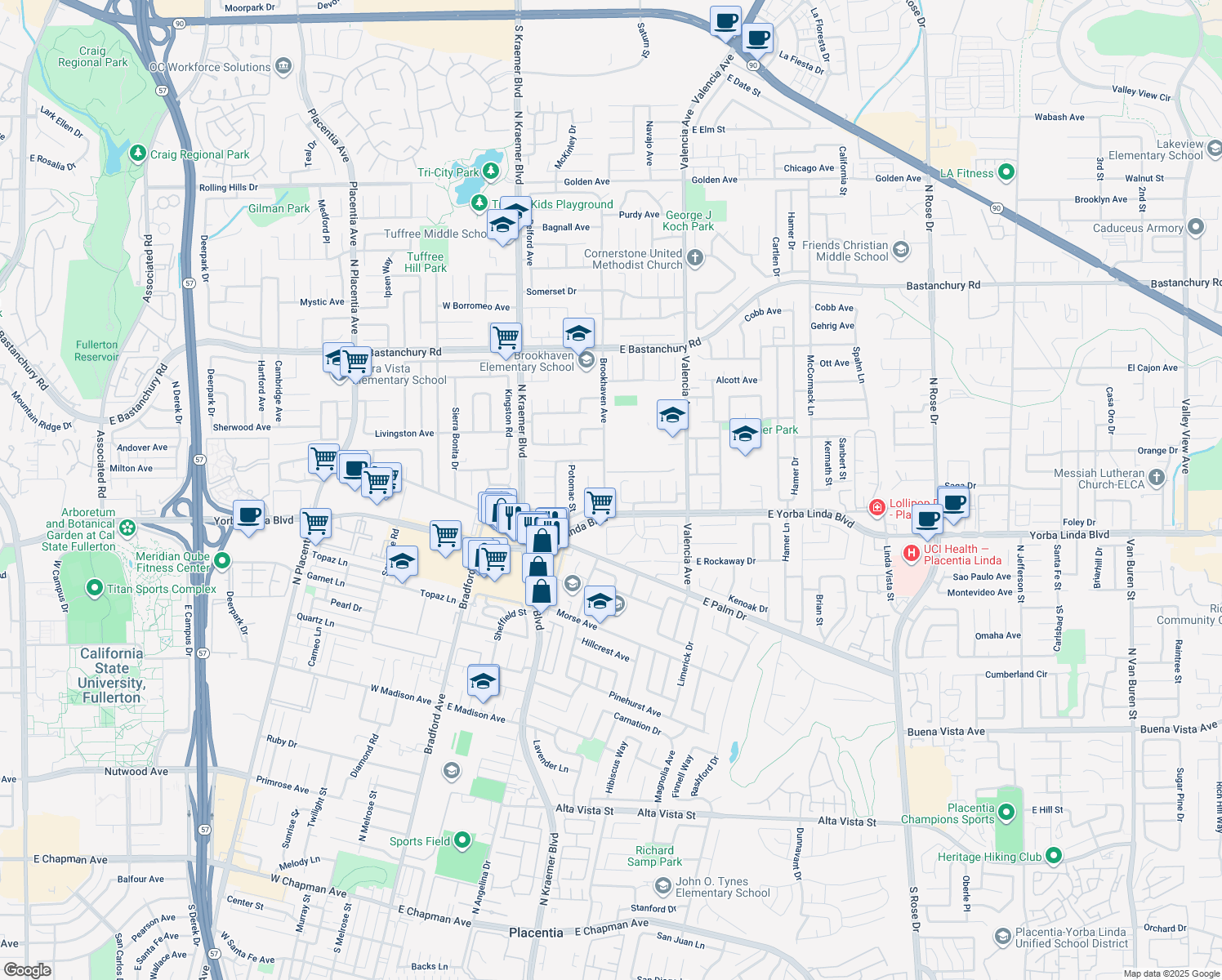 map of restaurants, bars, coffee shops, grocery stores, and more near 1526 Brookhaven Avenue in Placentia