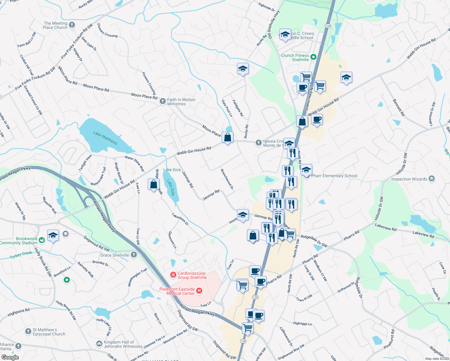 map of restaurants, bars, coffee shops, grocery stores, and more near 1379 Branchwood Drive in Snellville