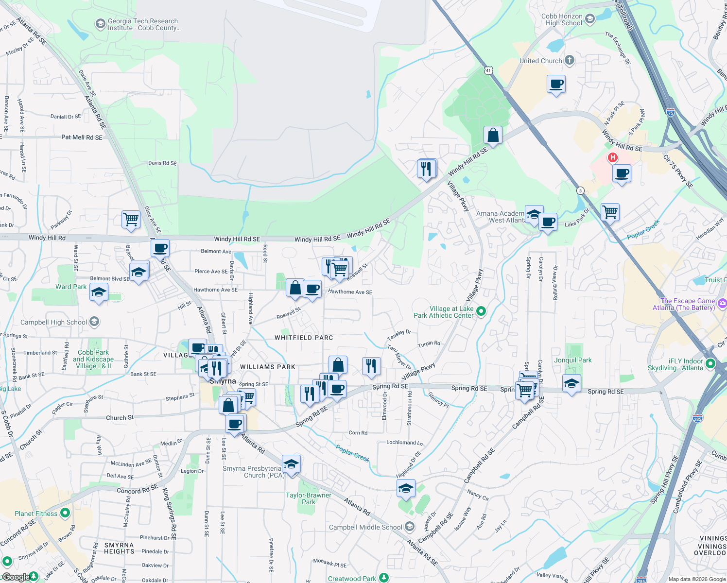 map of restaurants, bars, coffee shops, grocery stores, and more near 1775 Hawthorne Avenue Southeast in Smyrna
