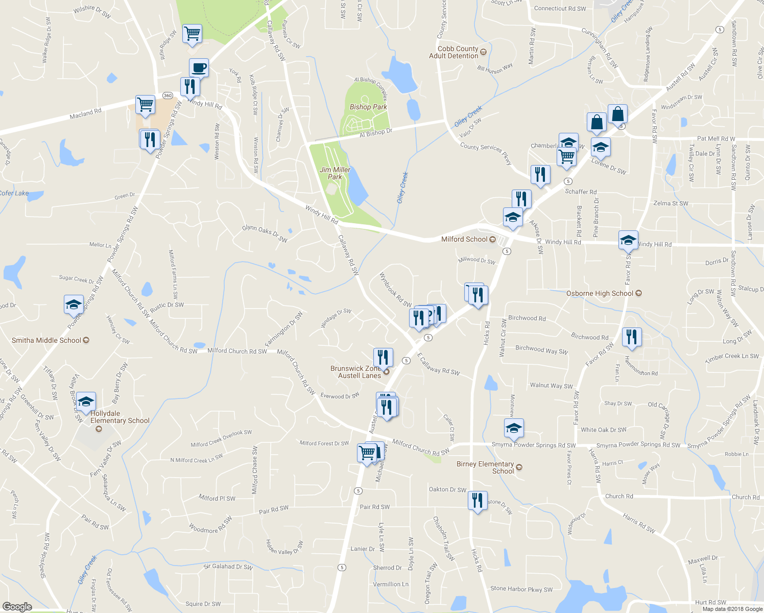 map of restaurants, bars, coffee shops, grocery stores, and more near 1274 Woodleigh Road Southwest in Marietta