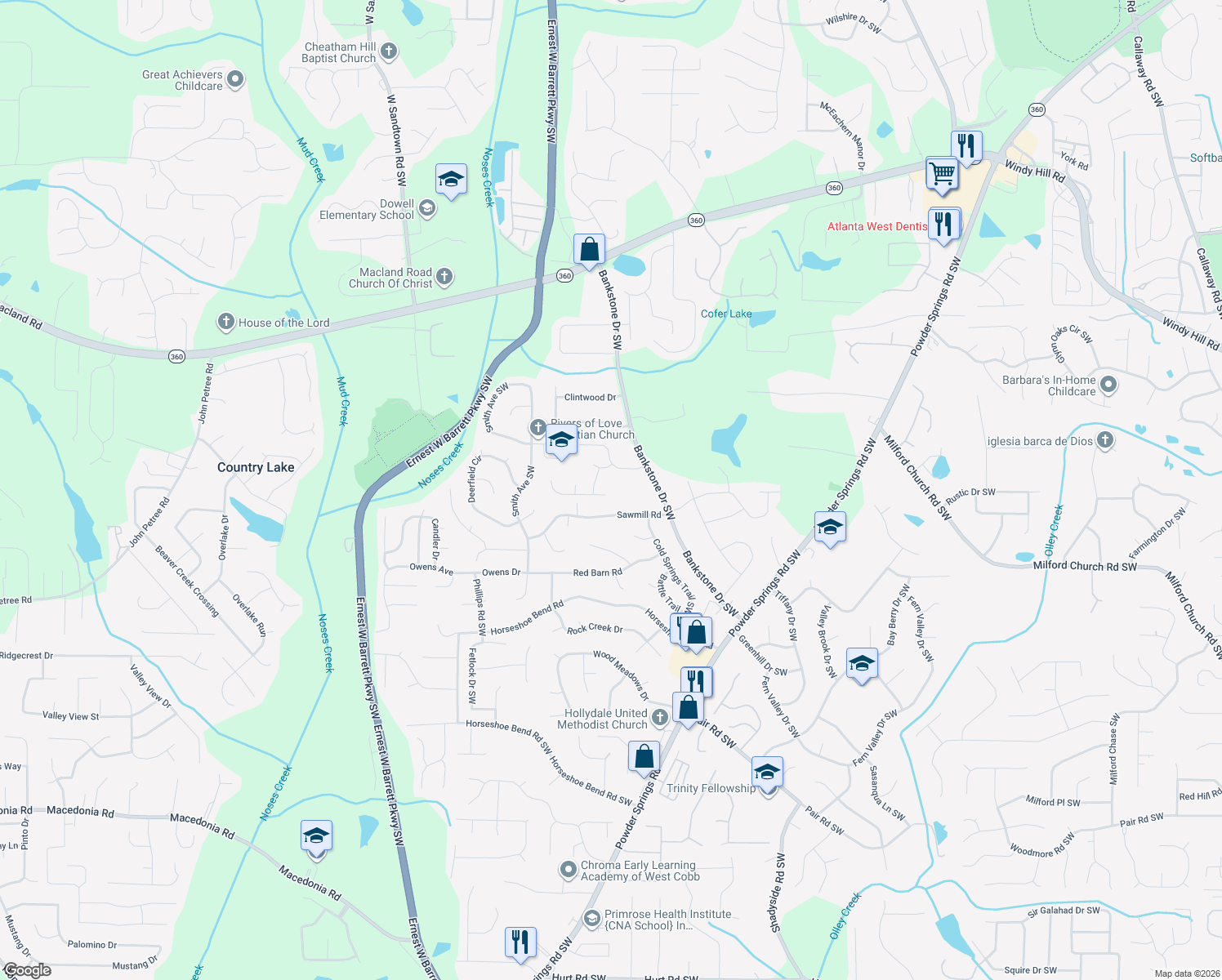 map of restaurants, bars, coffee shops, grocery stores, and more near 2602 Branson Pl SW in Marietta
