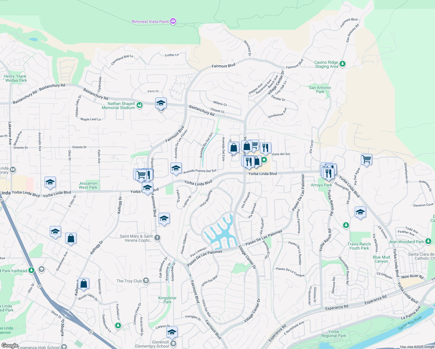 map of restaurants, bars, coffee shops, grocery stores, and more near 4811 Vía Loma Linda in Yorba Linda