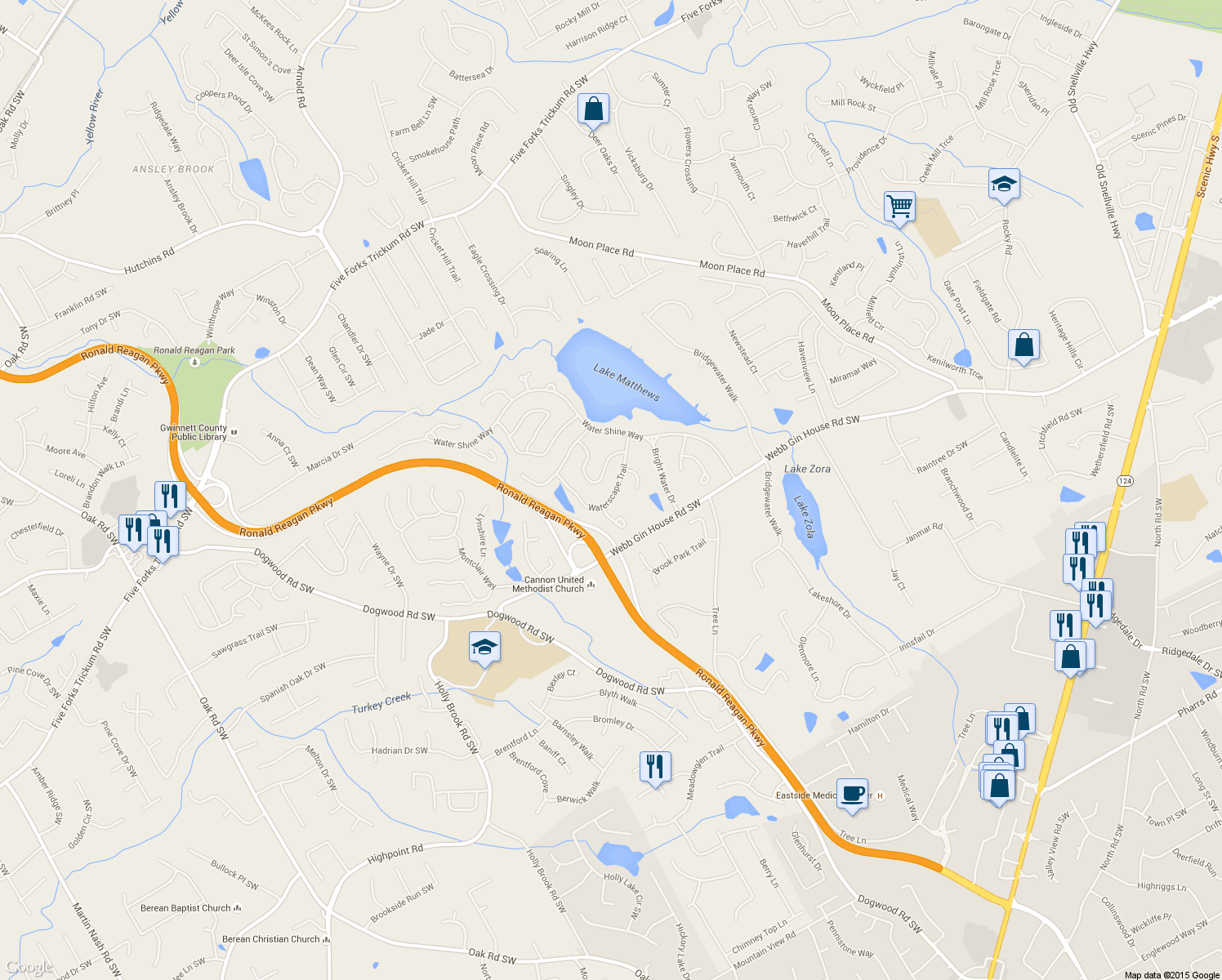 map of restaurants, bars, coffee shops, grocery stores, and more near 2403 Waterscape Trail in Snellville