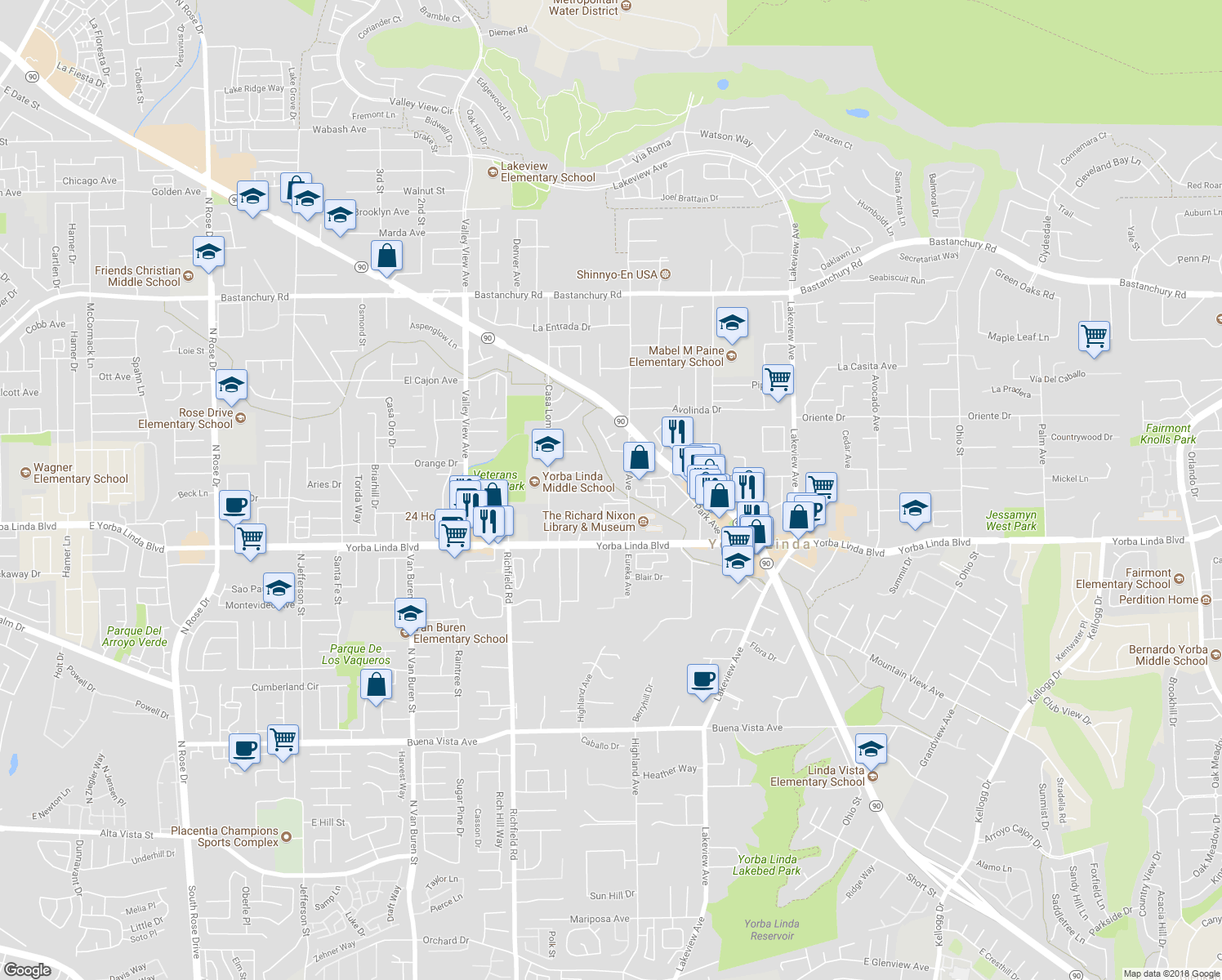 map of restaurants, bars, coffee shops, grocery stores, and more near 4822 Wisteria Drive in Yorba Linda