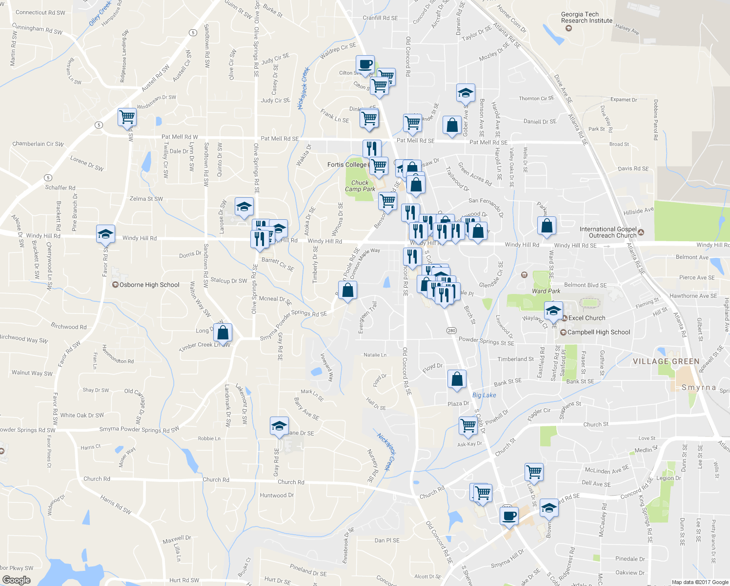 map of restaurants, bars, coffee shops, grocery stores, and more near 361 Smyrna Powder Springs Rd SE in Smyrna