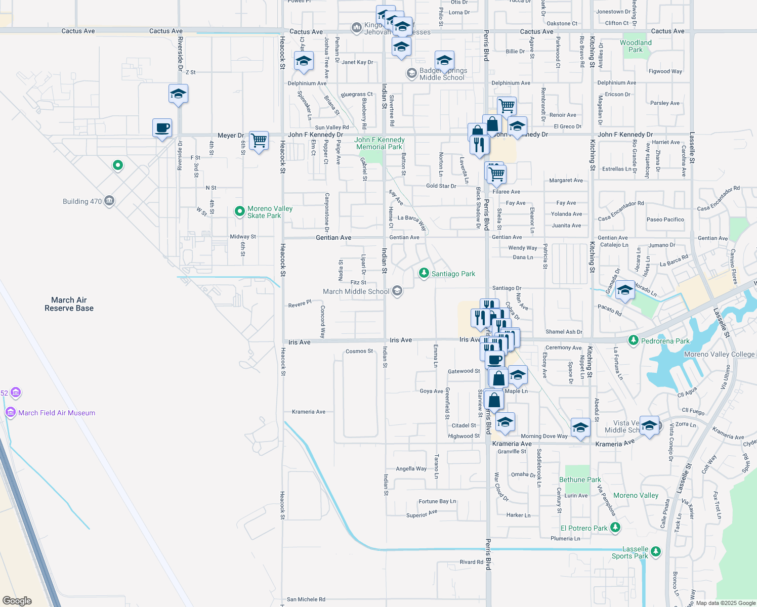 map of restaurants, bars, coffee shops, grocery stores, and more near 24477 Wildwood Street in Moreno Valley