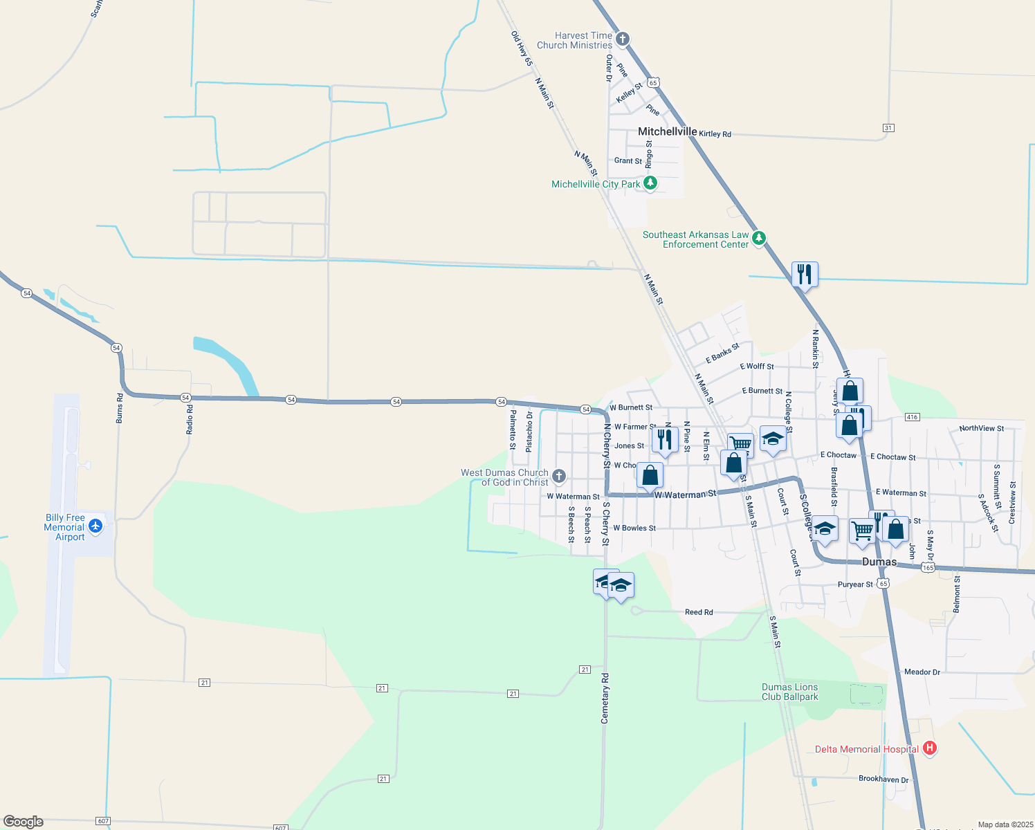 map of restaurants, bars, coffee shops, grocery stores, and more near 109 Palmetto Street in Dumas