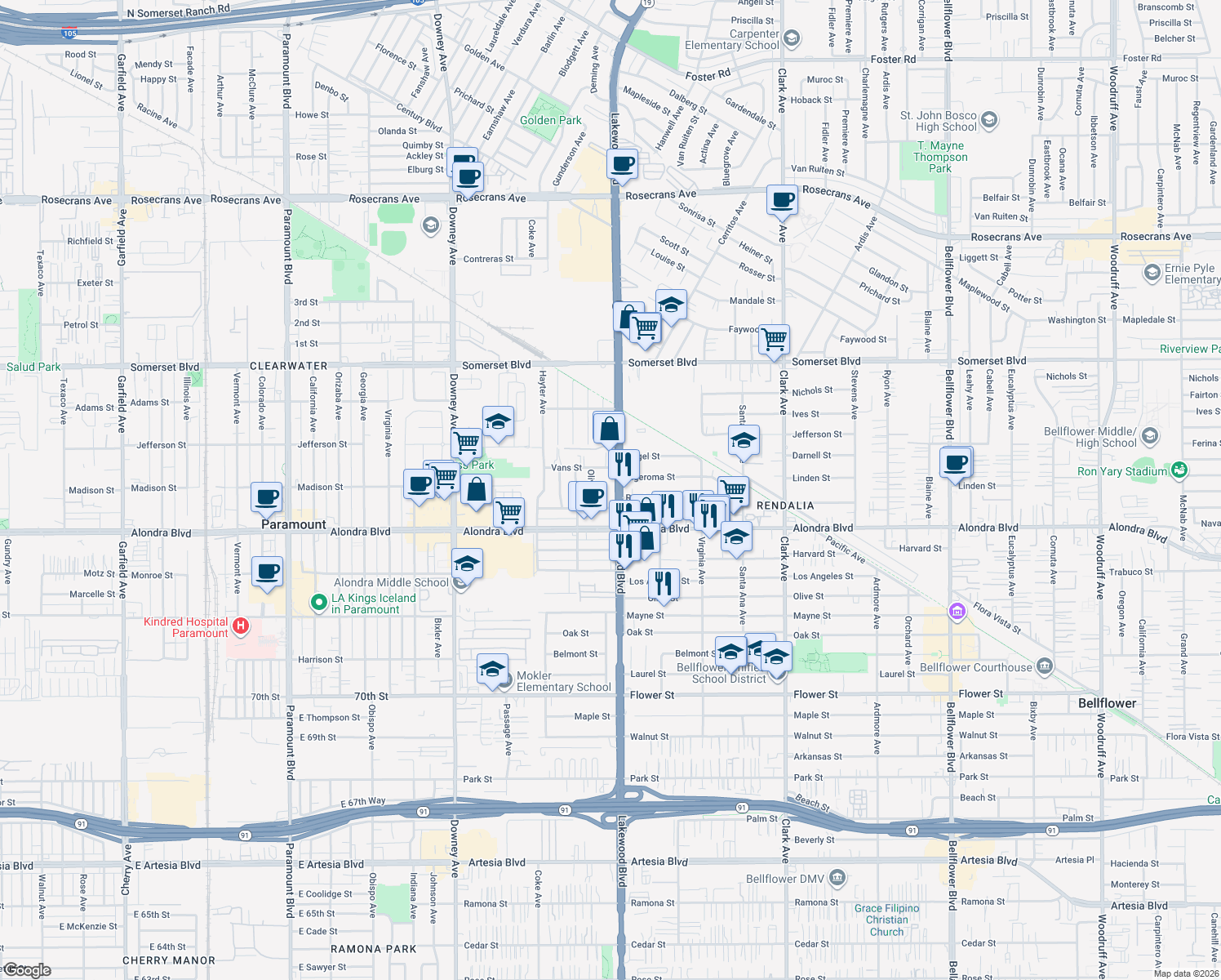 map of restaurants, bars, coffee shops, grocery stores, and more near 15717 Lakewood Blvd in Paramount