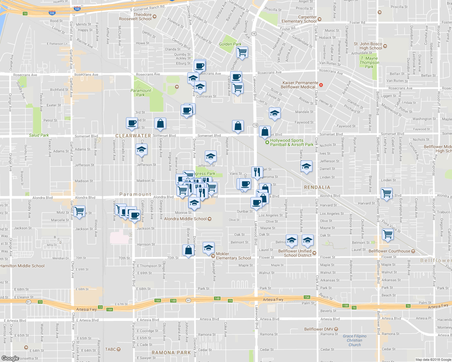 map of restaurants, bars, coffee shops, grocery stores, and more near 15705 Hayter Avenue in Paramount