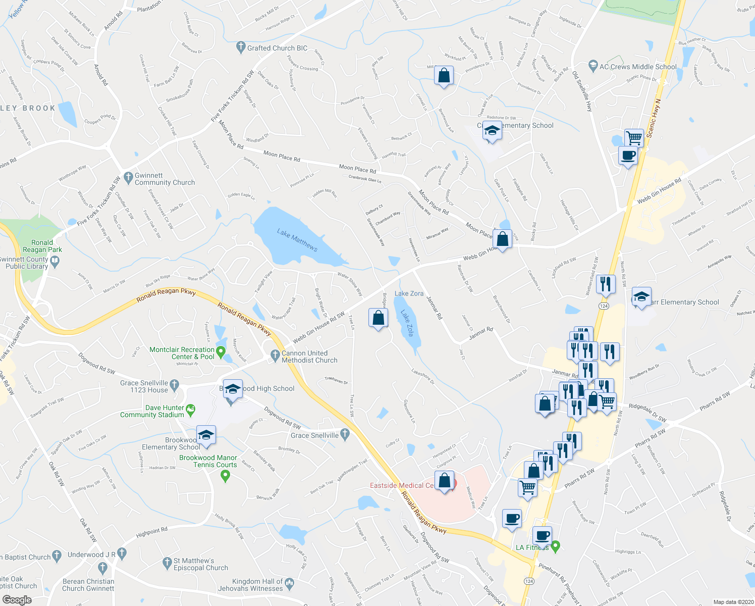 map of restaurants, bars, coffee shops, grocery stores, and more near 1211 Bridgewater Walk in Snellville
