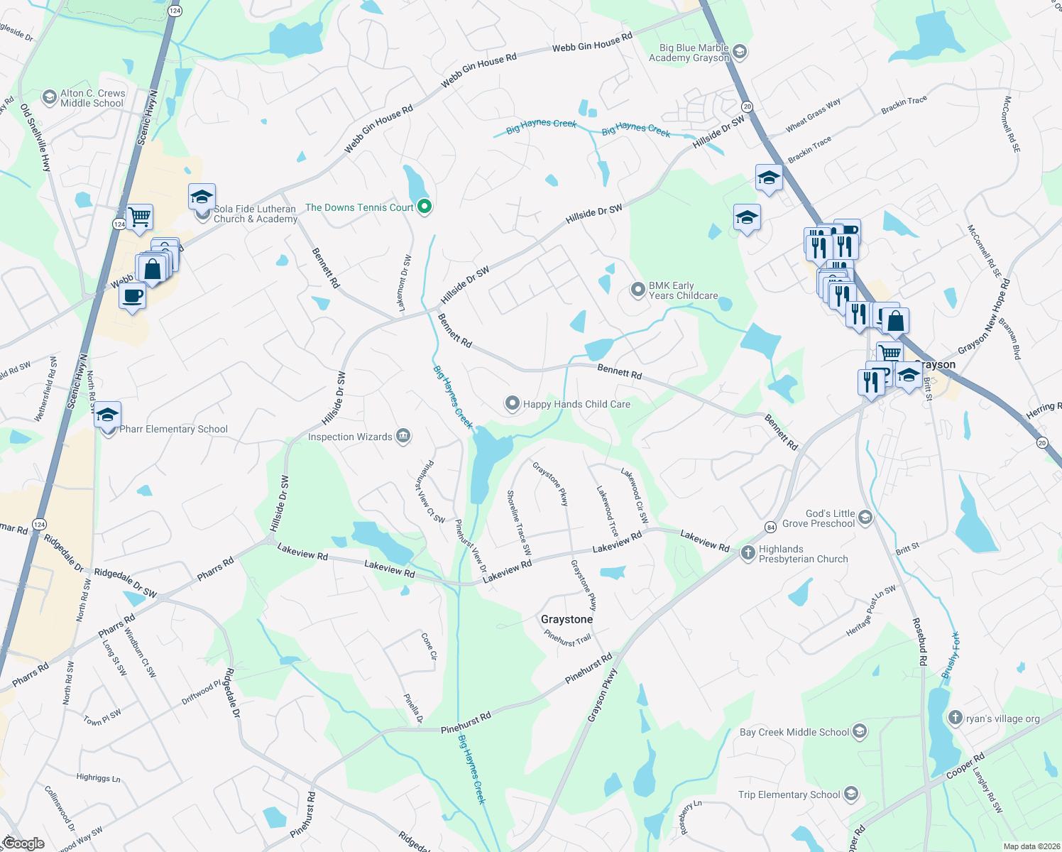 map of restaurants, bars, coffee shops, grocery stores, and more near 1865 Big Haynes Court Southwest in Grayson