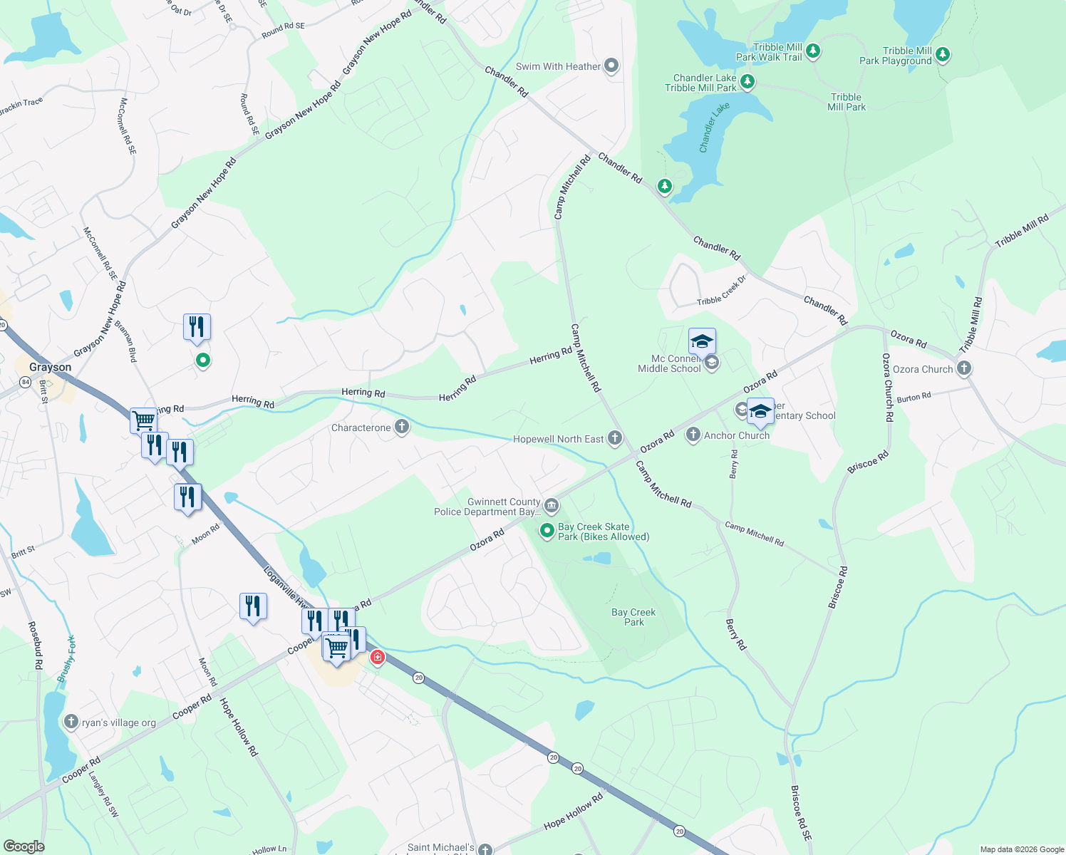 map of restaurants, bars, coffee shops, grocery stores, and more near 2573 Starfire Lane in Loganville