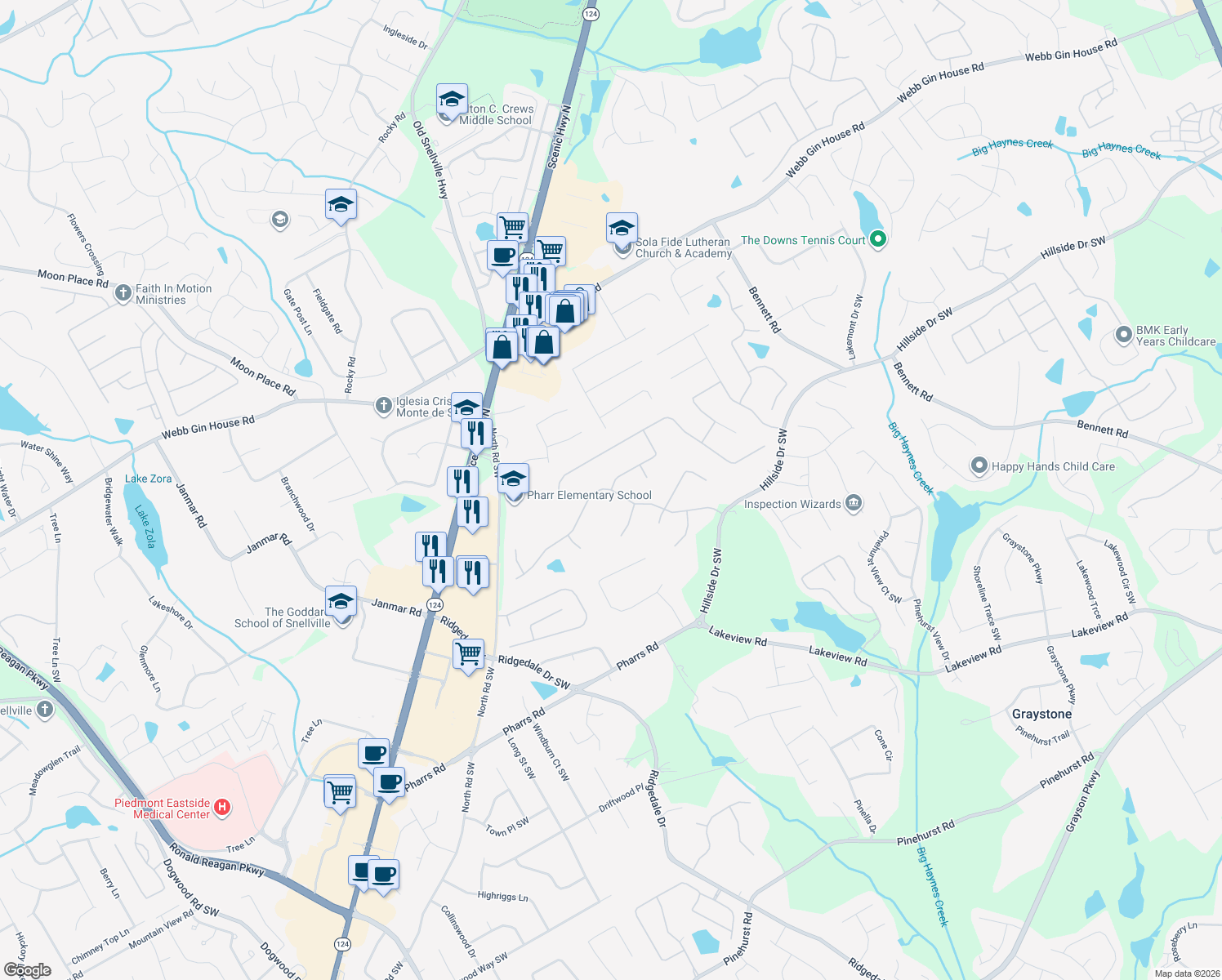 map of restaurants, bars, coffee shops, grocery stores, and more near 1620 Natchez Way in Grayson
