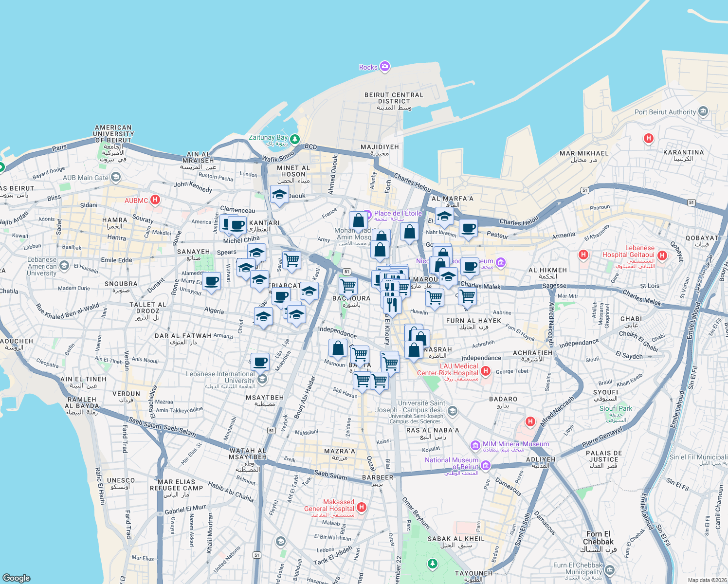 map of restaurants, bars, coffee shops, grocery stores, and more near Khandak El Ghamik in Beirut