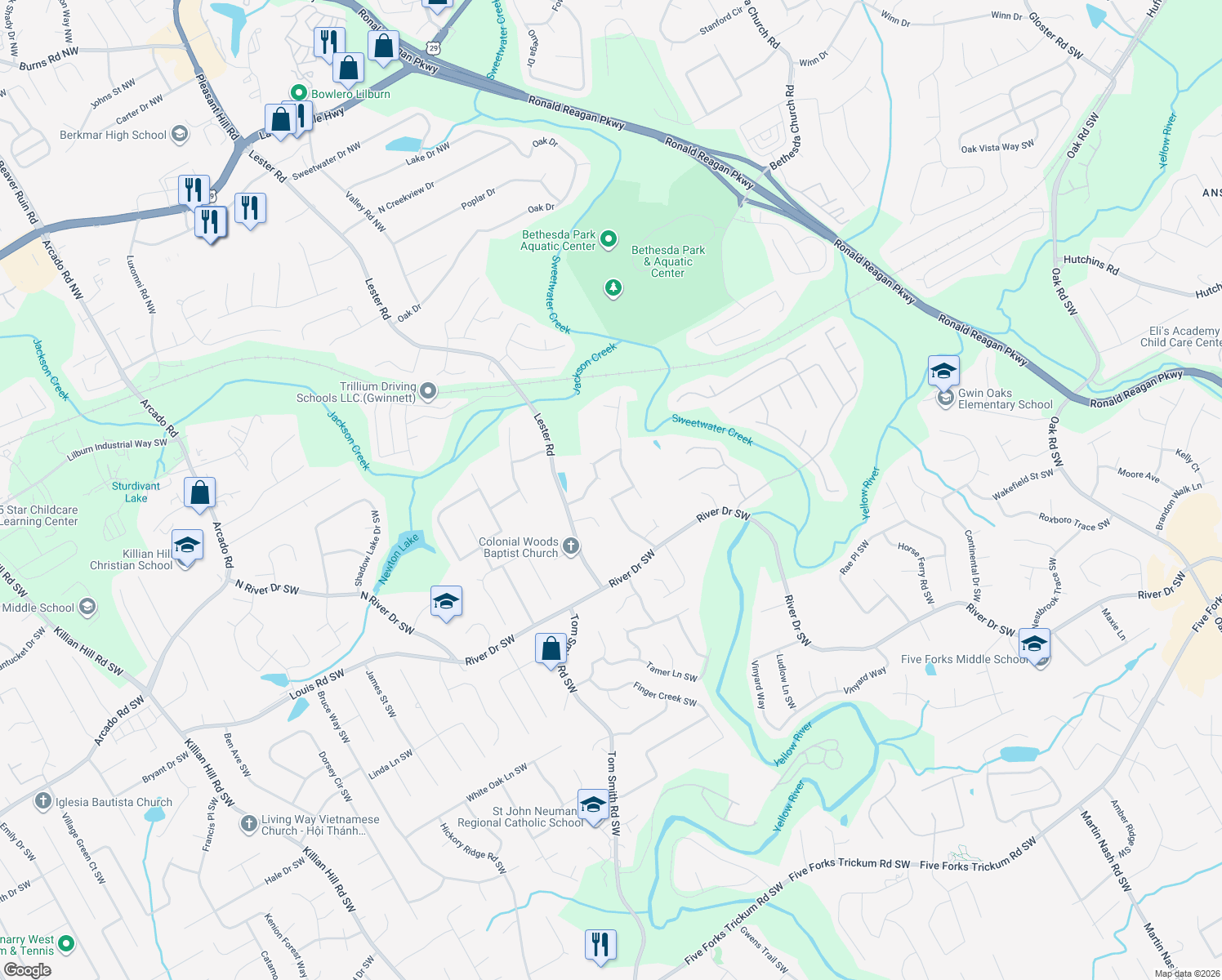 map of restaurants, bars, coffee shops, grocery stores, and more near 341 Princeton Way in Lawrenceville