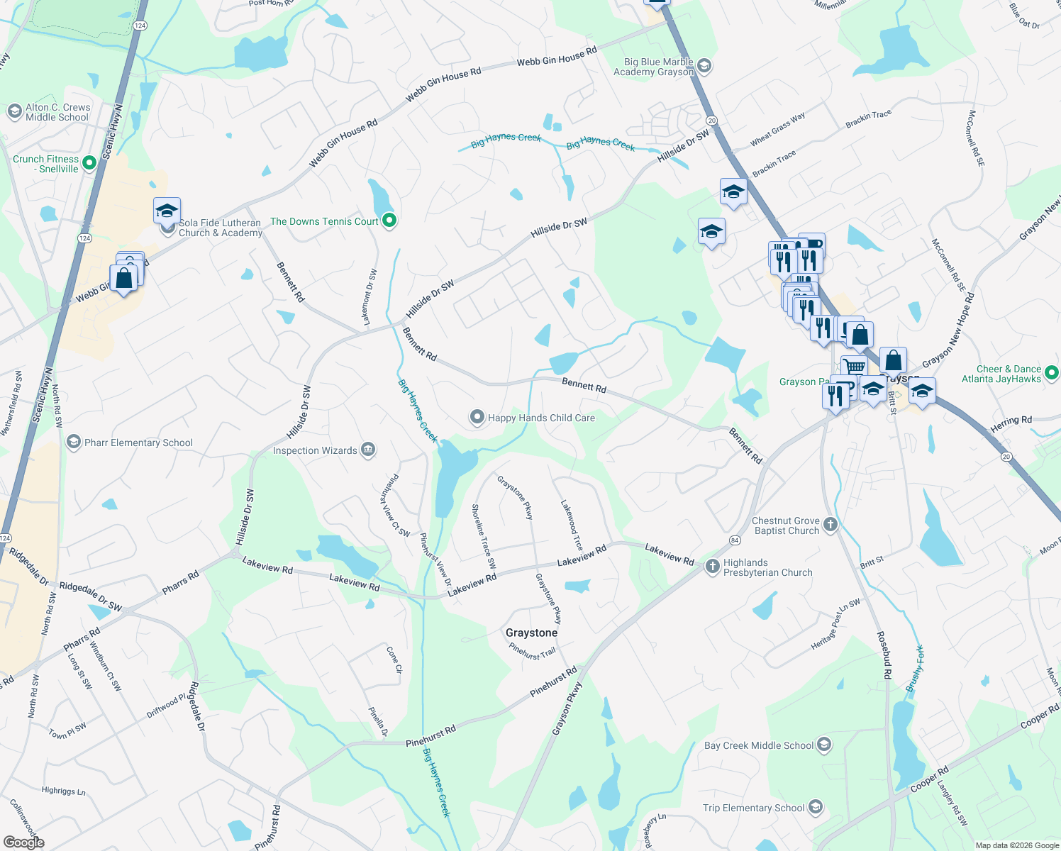 map of restaurants, bars, coffee shops, grocery stores, and more near 1763 Waterton Trail in Grayson