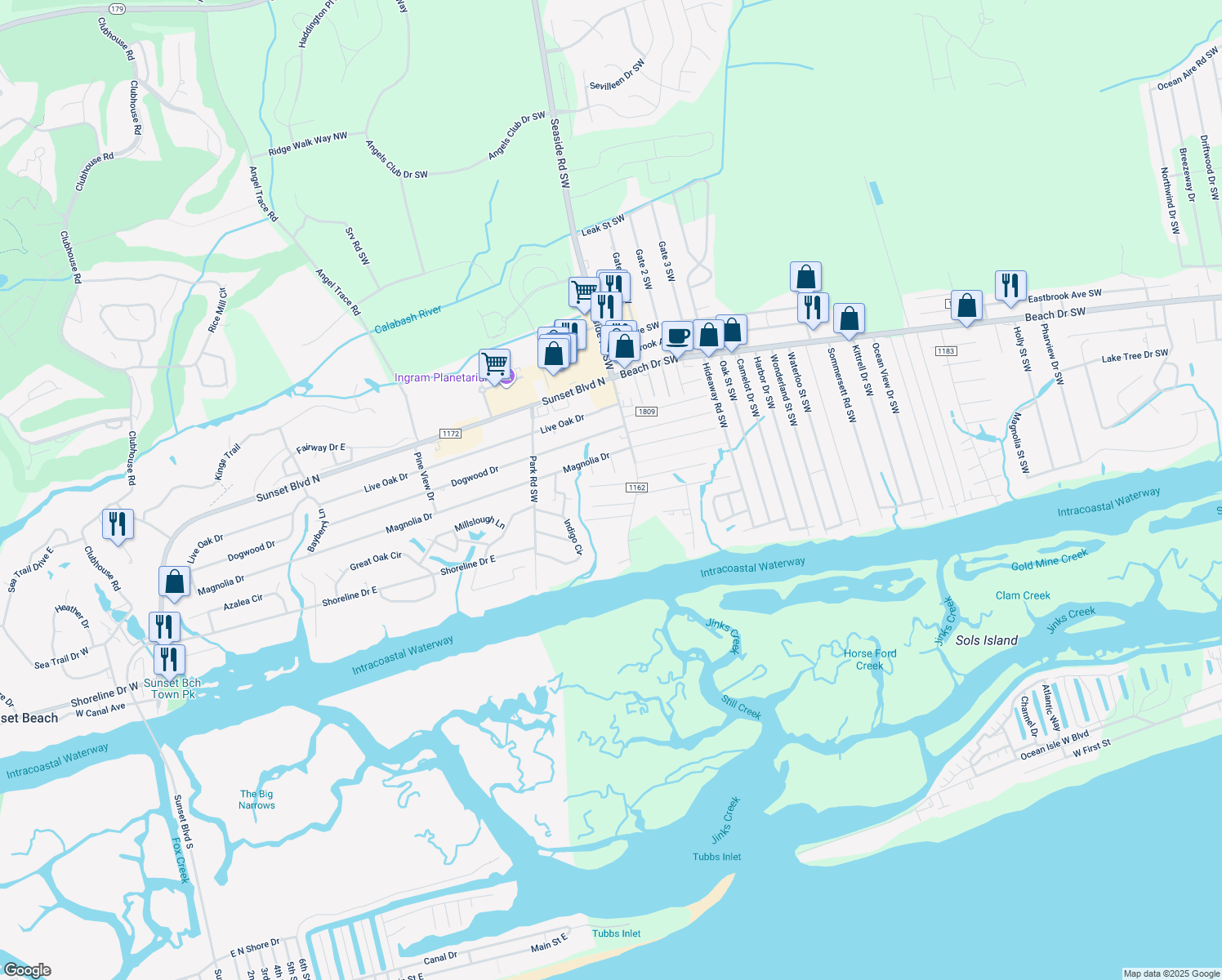 map of restaurants, bars, coffee shops, grocery stores, and more near 822 Salt Marsh Street Southwest in Sunset Beach