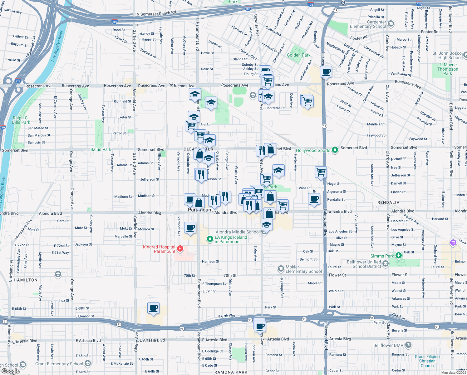 map of restaurants, bars, coffee shops, grocery stores, and more near 15533 Virginia Avenue in Paramount