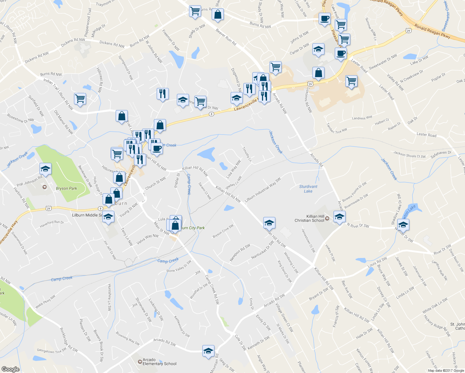 map of restaurants, bars, coffee shops, grocery stores, and more near 4516 Shelley Lane Northwest in Lilburn