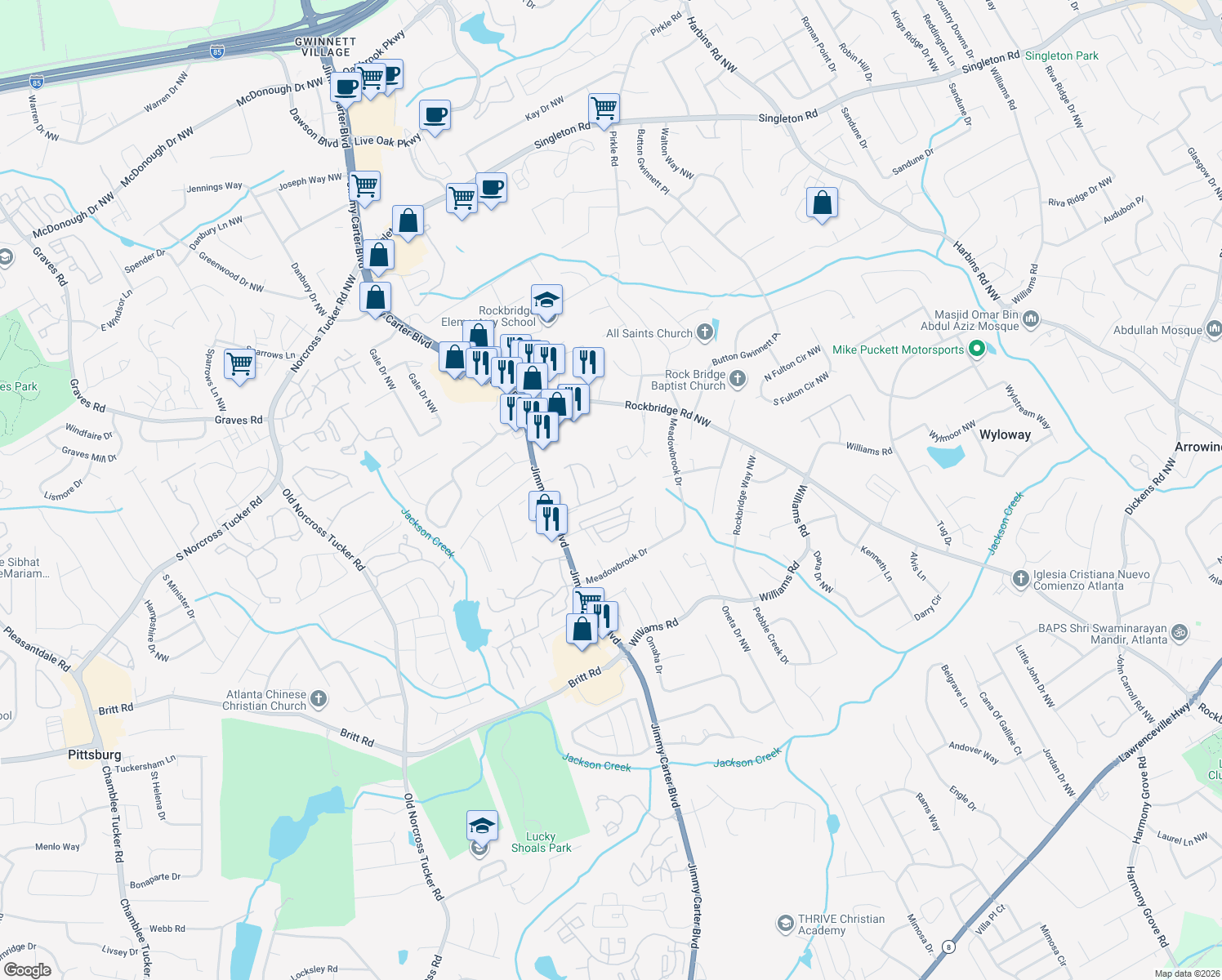 map of restaurants, bars, coffee shops, grocery stores, and more near 6056 WinterGreen Road Northwest in Norcross