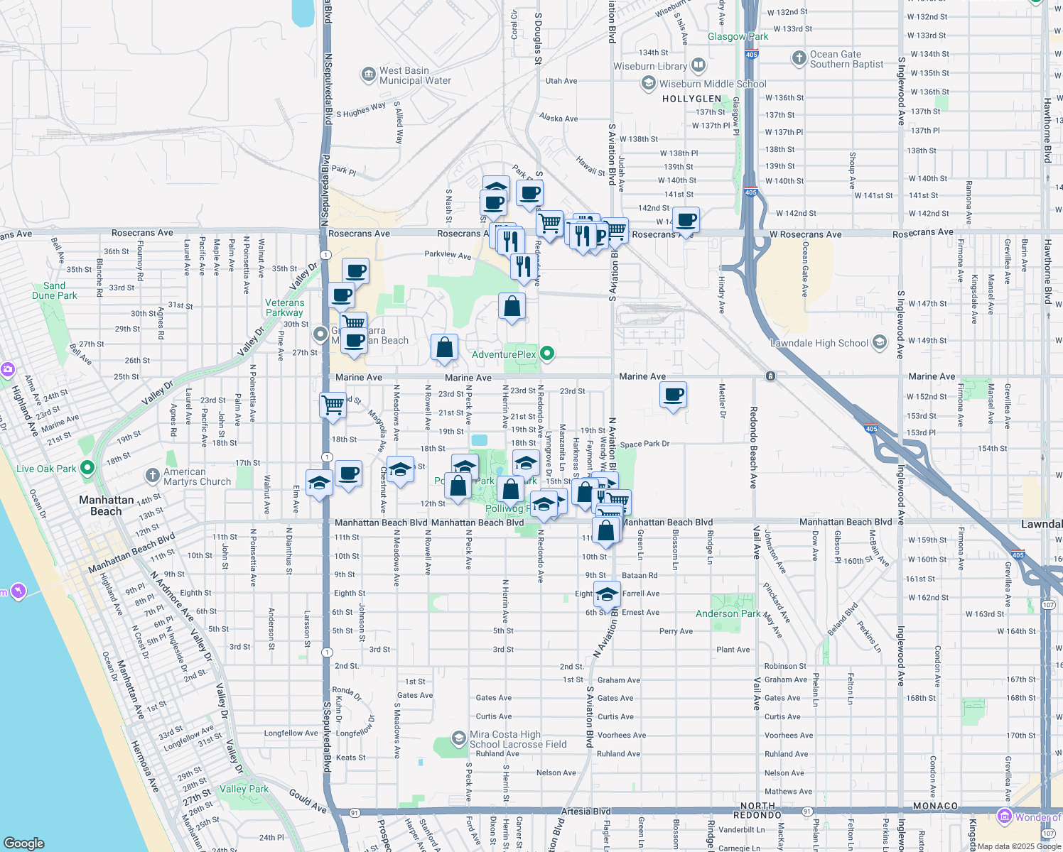 map of restaurants, bars, coffee shops, grocery stores, and more near 1641 19th Street in Manhattan Beach