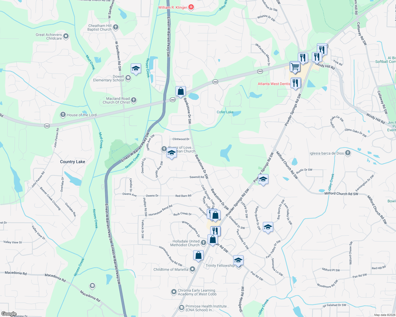 map of restaurants, bars, coffee shops, grocery stores, and more near 2509 Bankstone Drive Southwest in Marietta