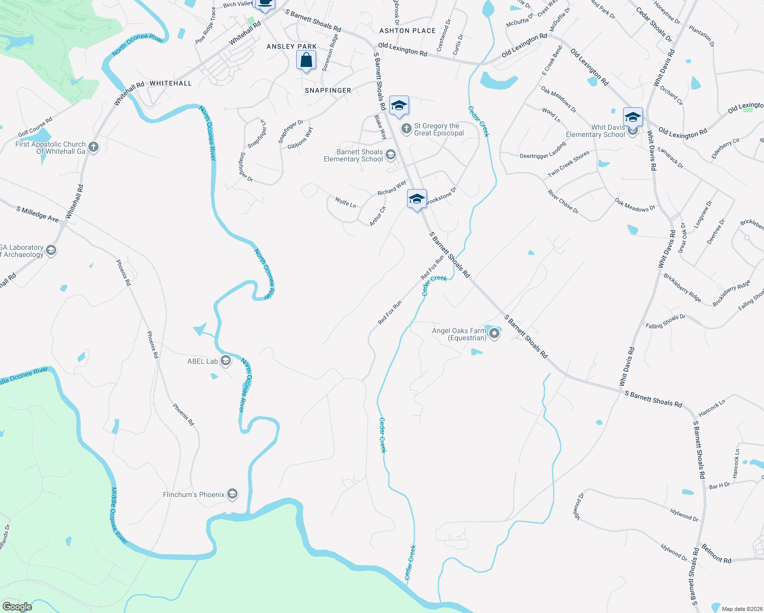 map of restaurants, bars, coffee shops, grocery stores, and more near 160 Red Fox Run in Athens