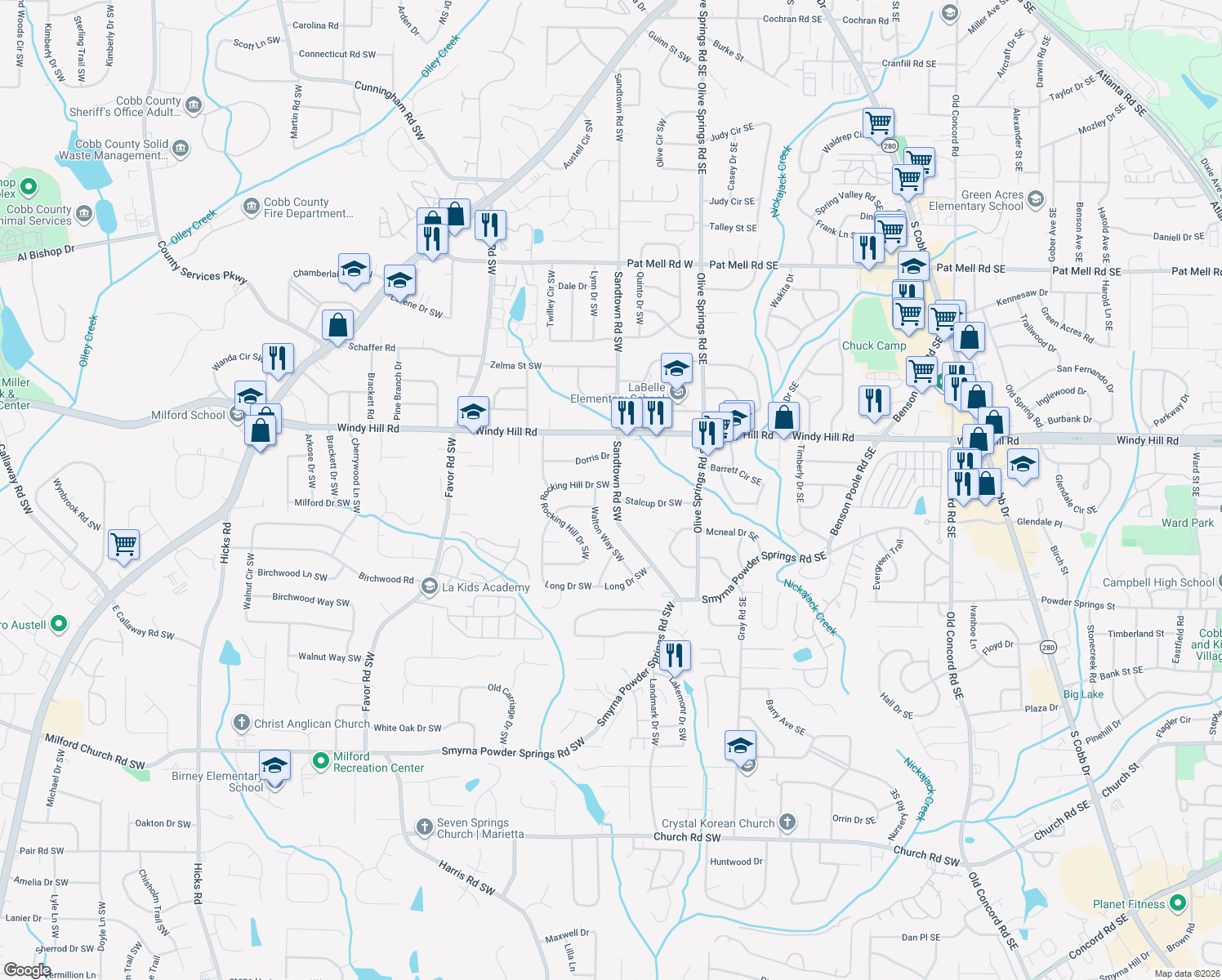 map of restaurants, bars, coffee shops, grocery stores, and more near 163 Rocking Hill Dr SW in Marietta