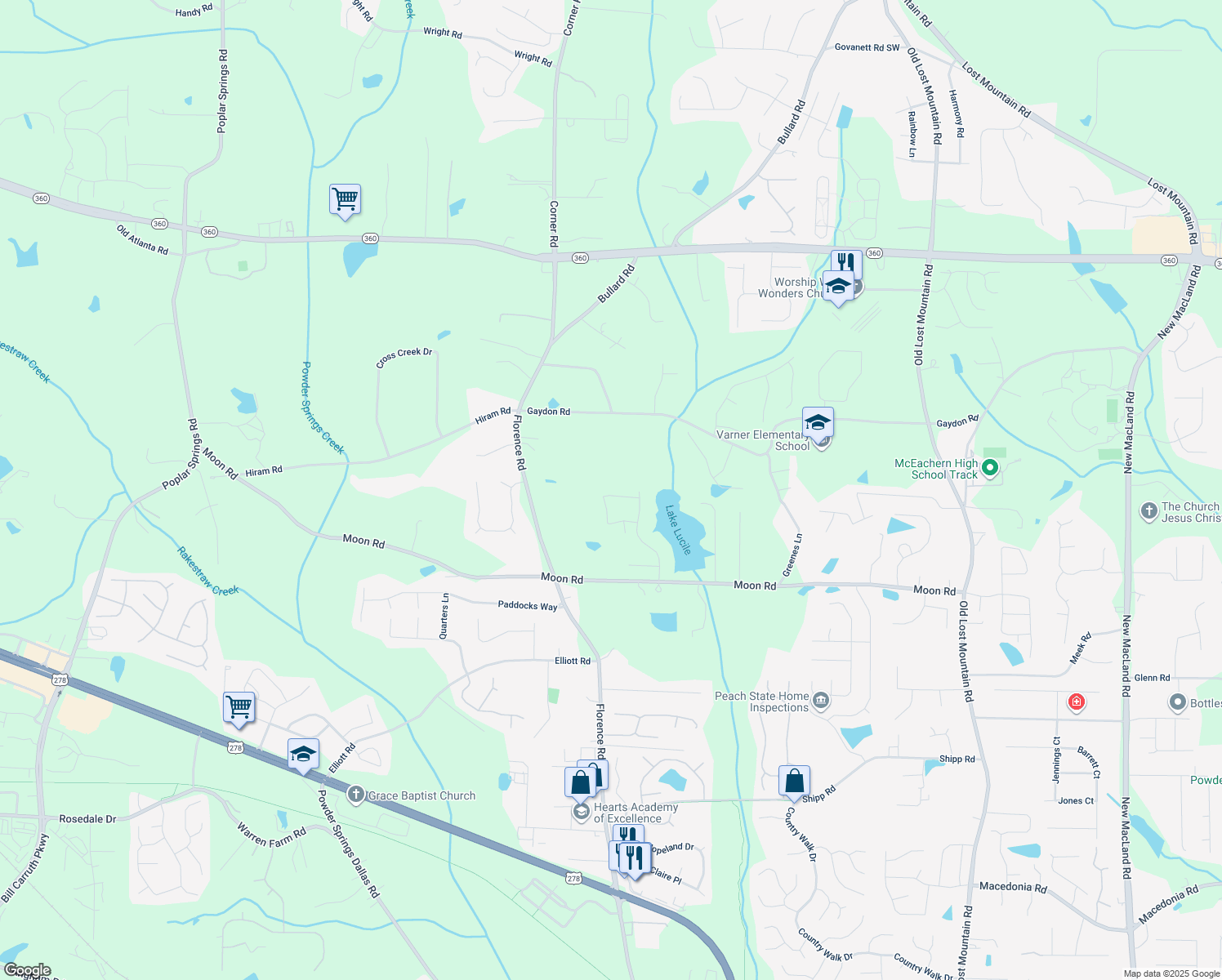 map of restaurants, bars, coffee shops, grocery stores, and more near 5186 Olive Branch Circle in Powder Springs