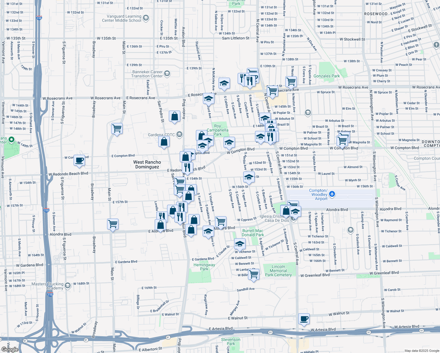 map of restaurants, bars, coffee shops, grocery stores, and more near 15321 S Stanford Ave in Compton